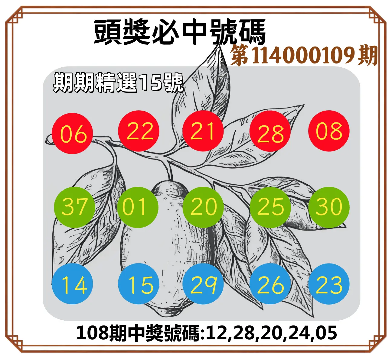 今彩539第114000109期頭獎號碼