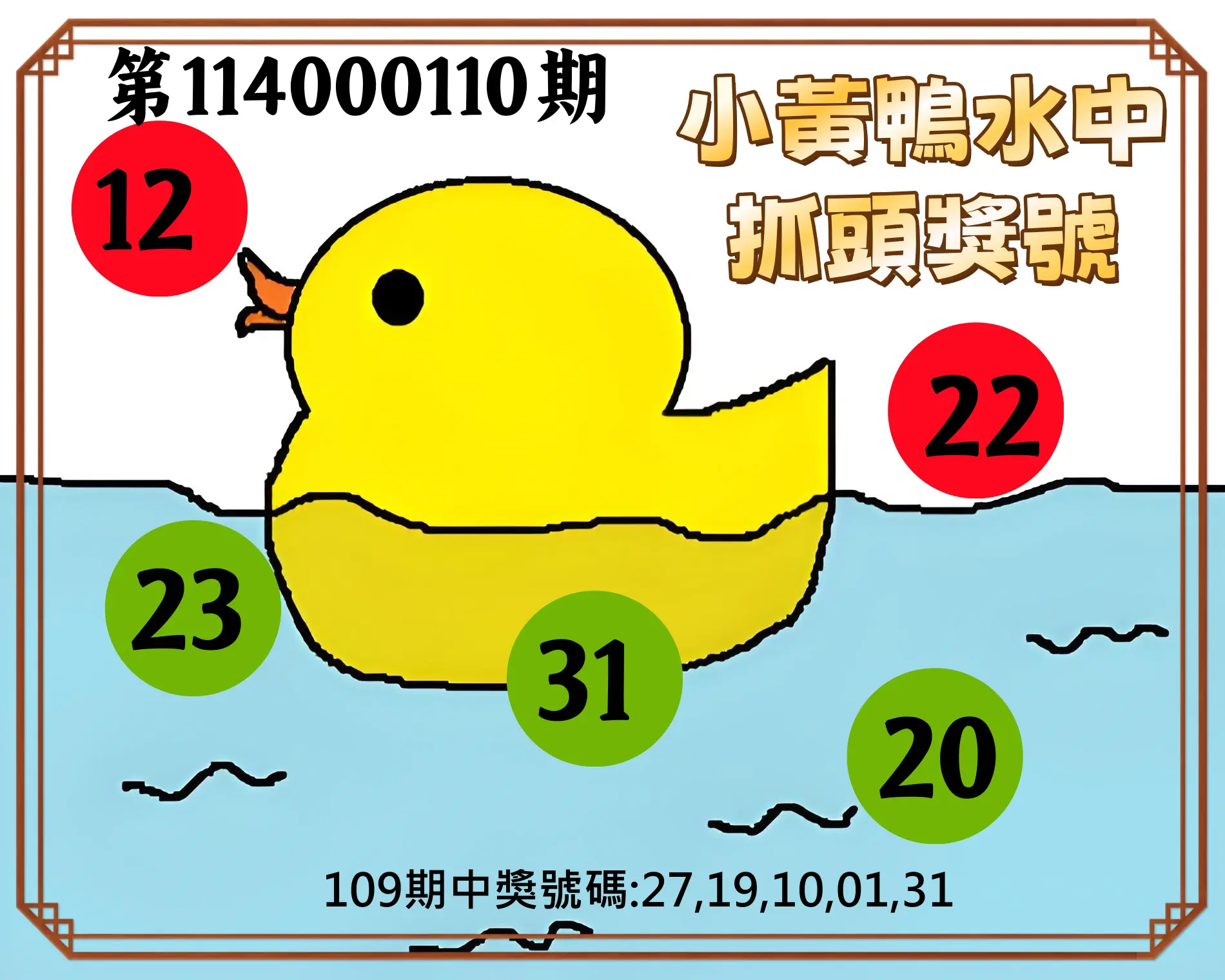 今彩539第114000110期小黃鴨水中抓頭獎號