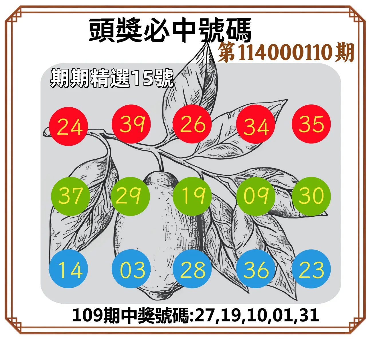 今彩539第114000110期頭獎號碼