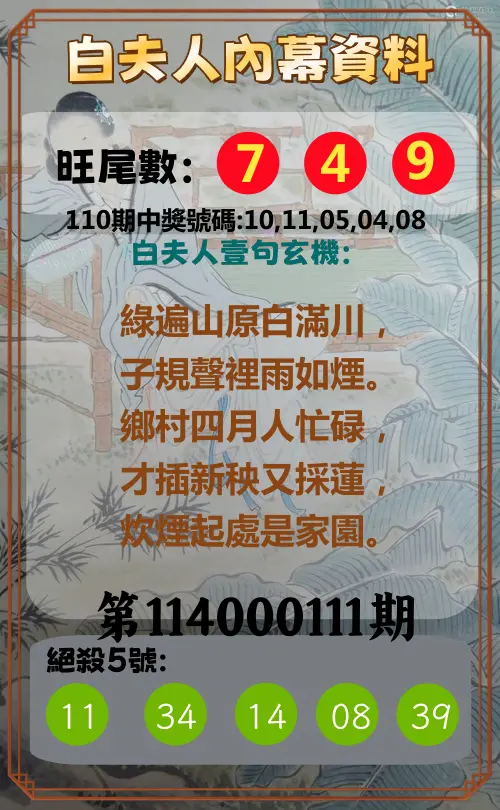 今彩539第114000111期白夫人內幕資料