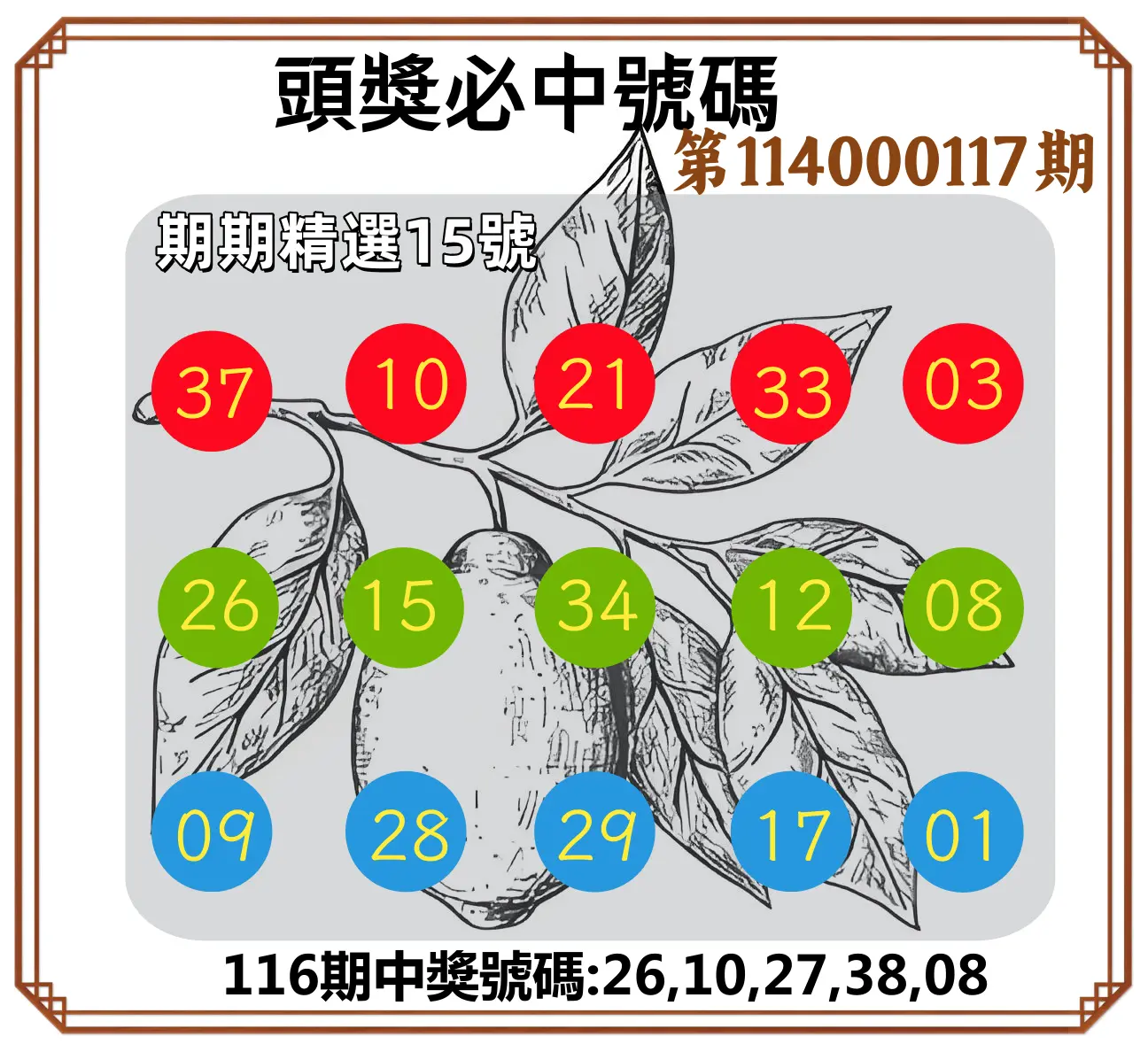 今彩539第114000117期頭獎號碼
