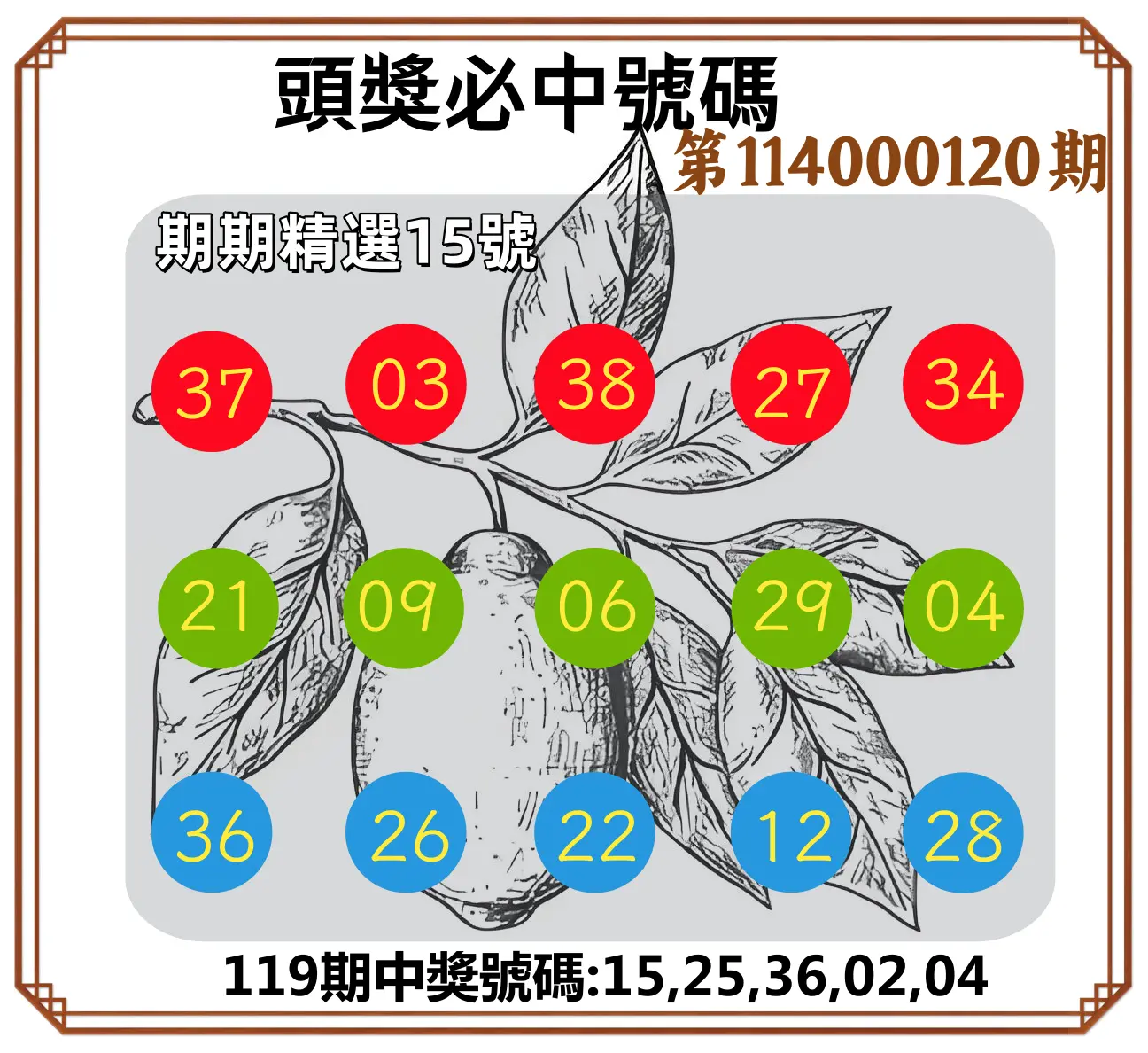 今彩539第114000120期頭獎號碼