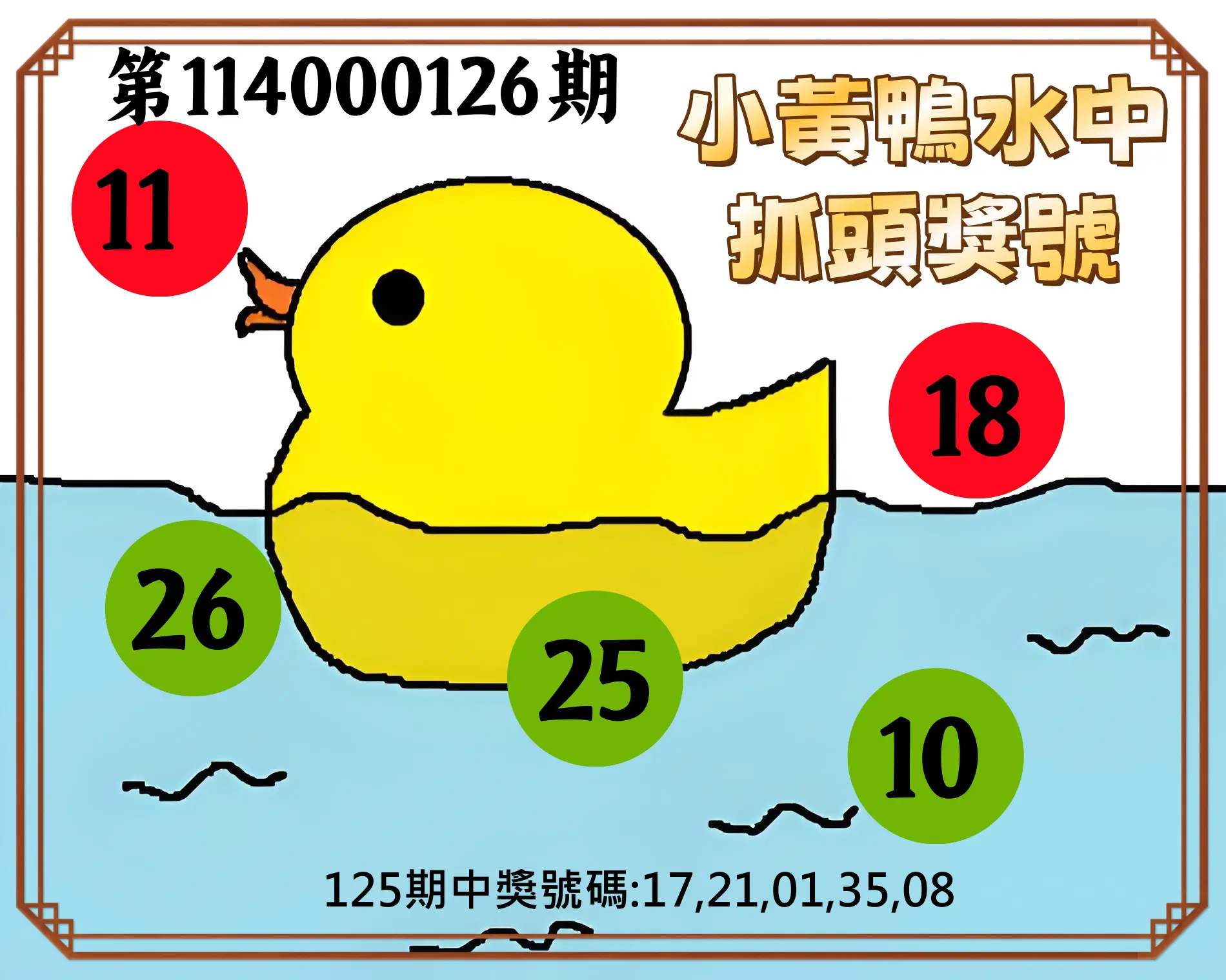 今彩539第114000126期小黃鴨水中抓頭獎號