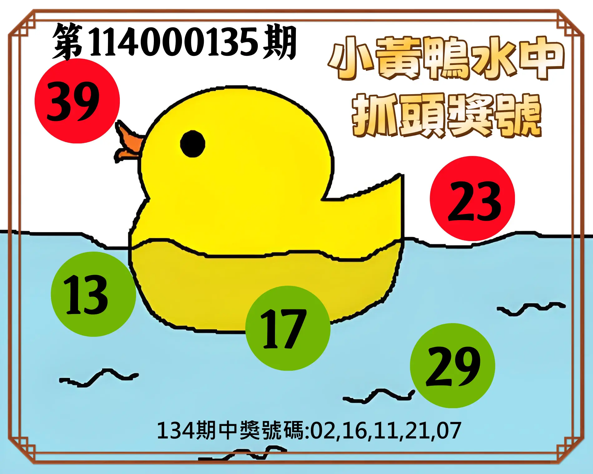 今彩539第114000135期小黃鴨水中抓頭獎號