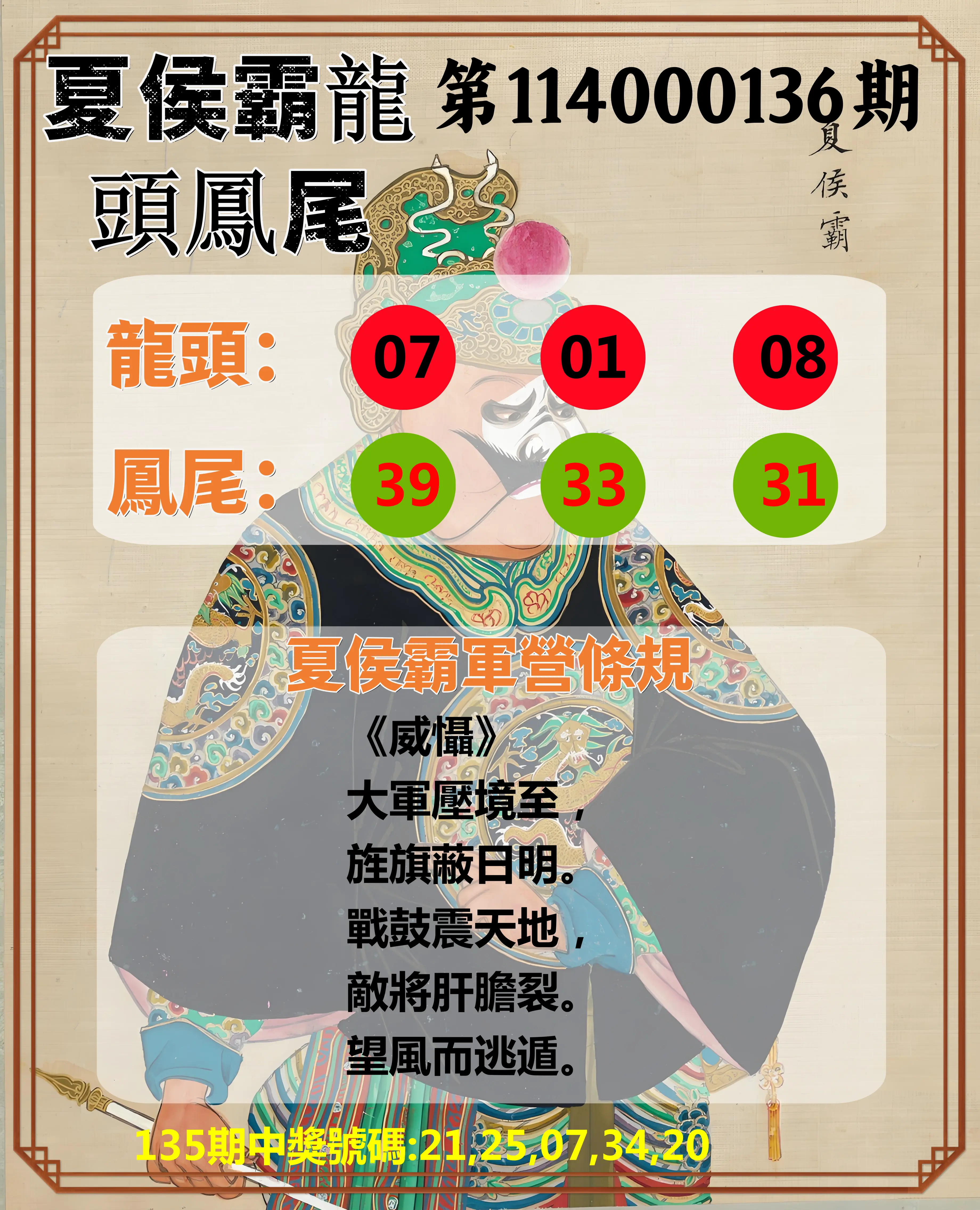 今彩539第114000136期夏侯霸龍頭鳳尾