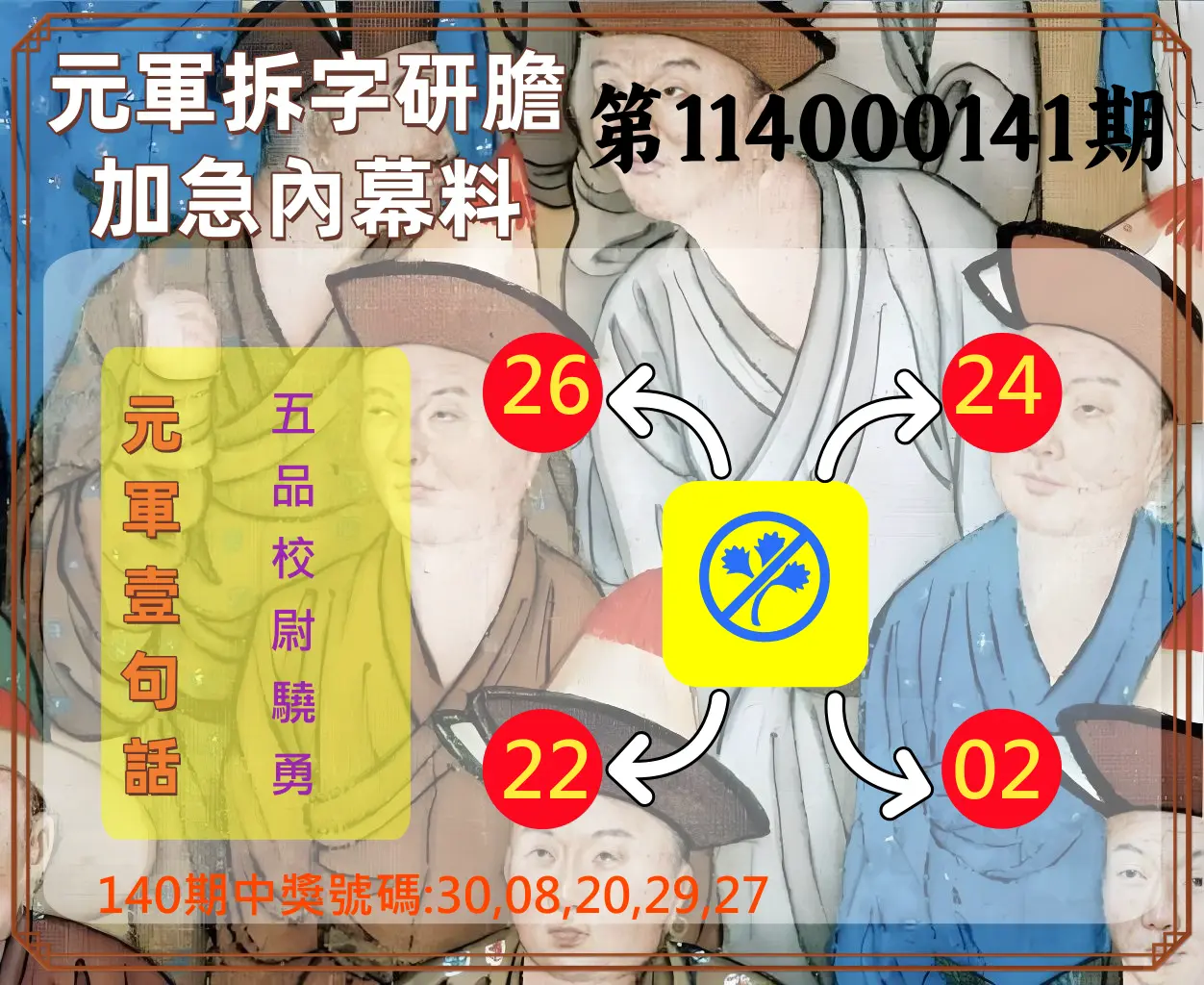 今彩539第114000141期元軍拆字研膽加急內幕料
