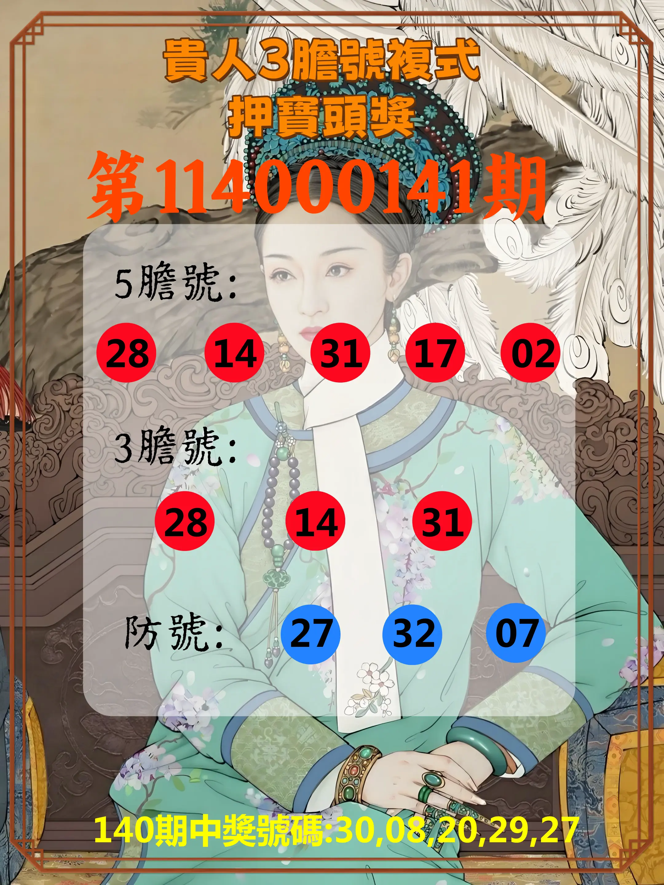 今彩539第114000141期貴人3膽號複式押寶頭獎