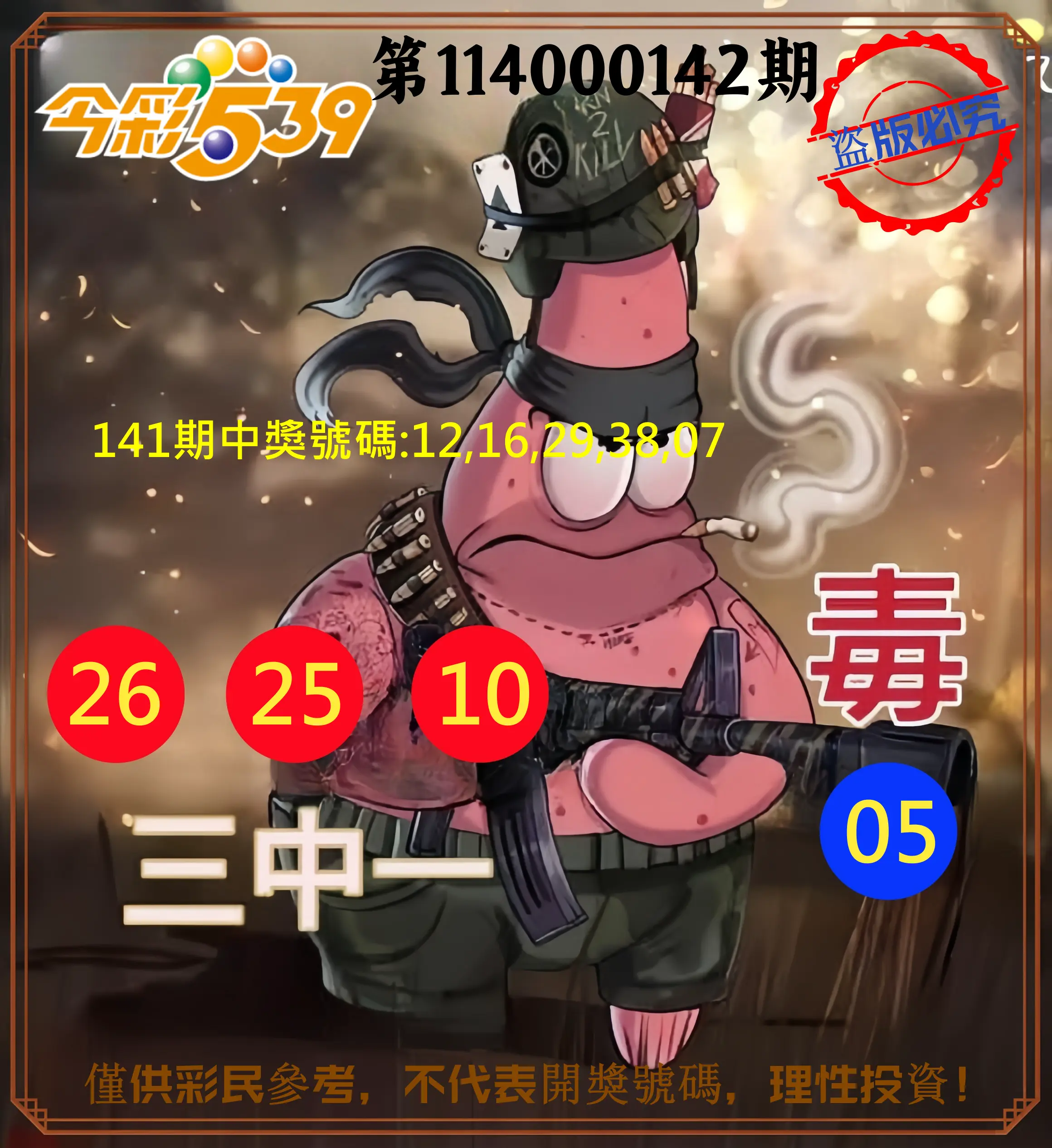 今彩539第114000142期今彩539龍玖派3中1毒1號