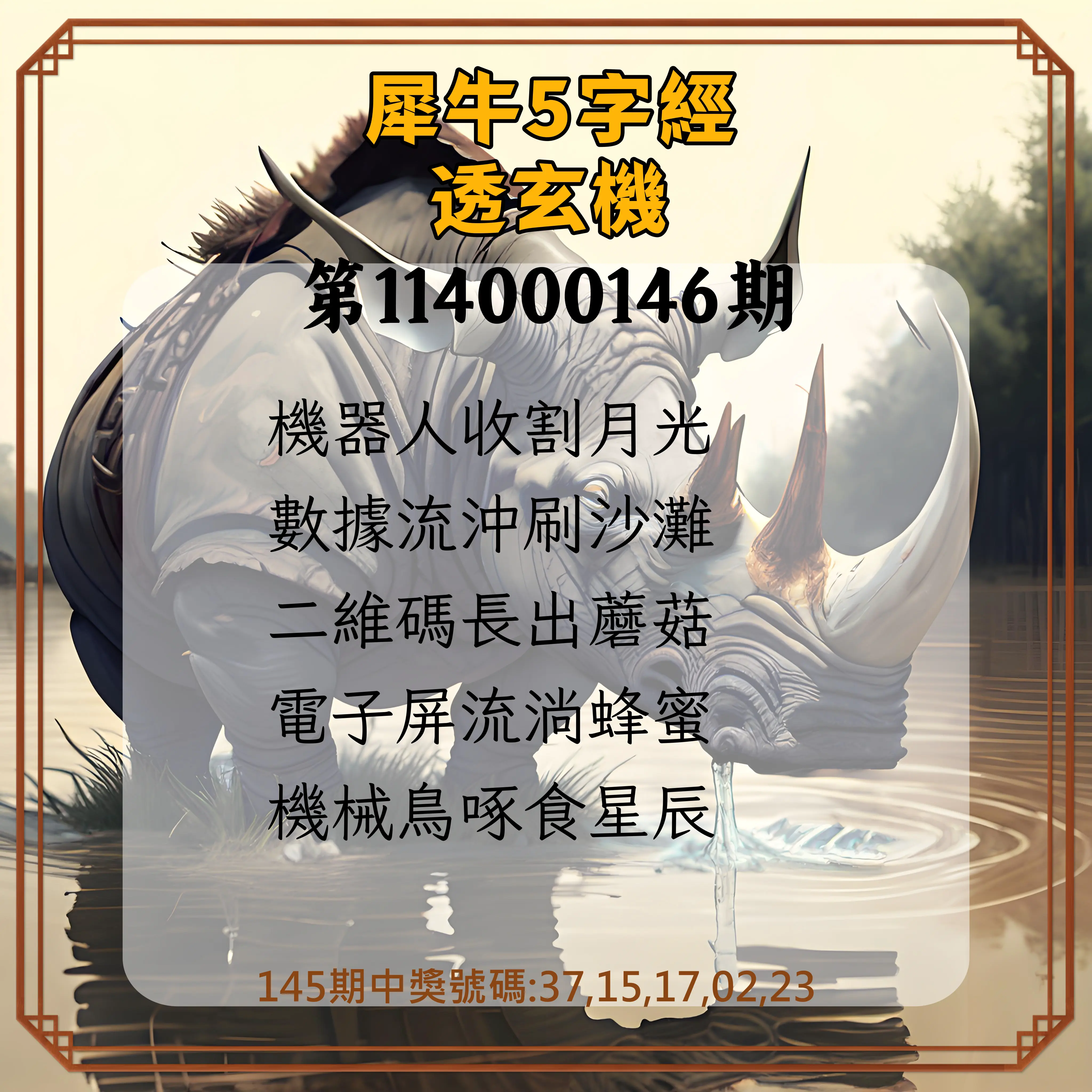 今彩539第114000146期犀牛5字經透玄機