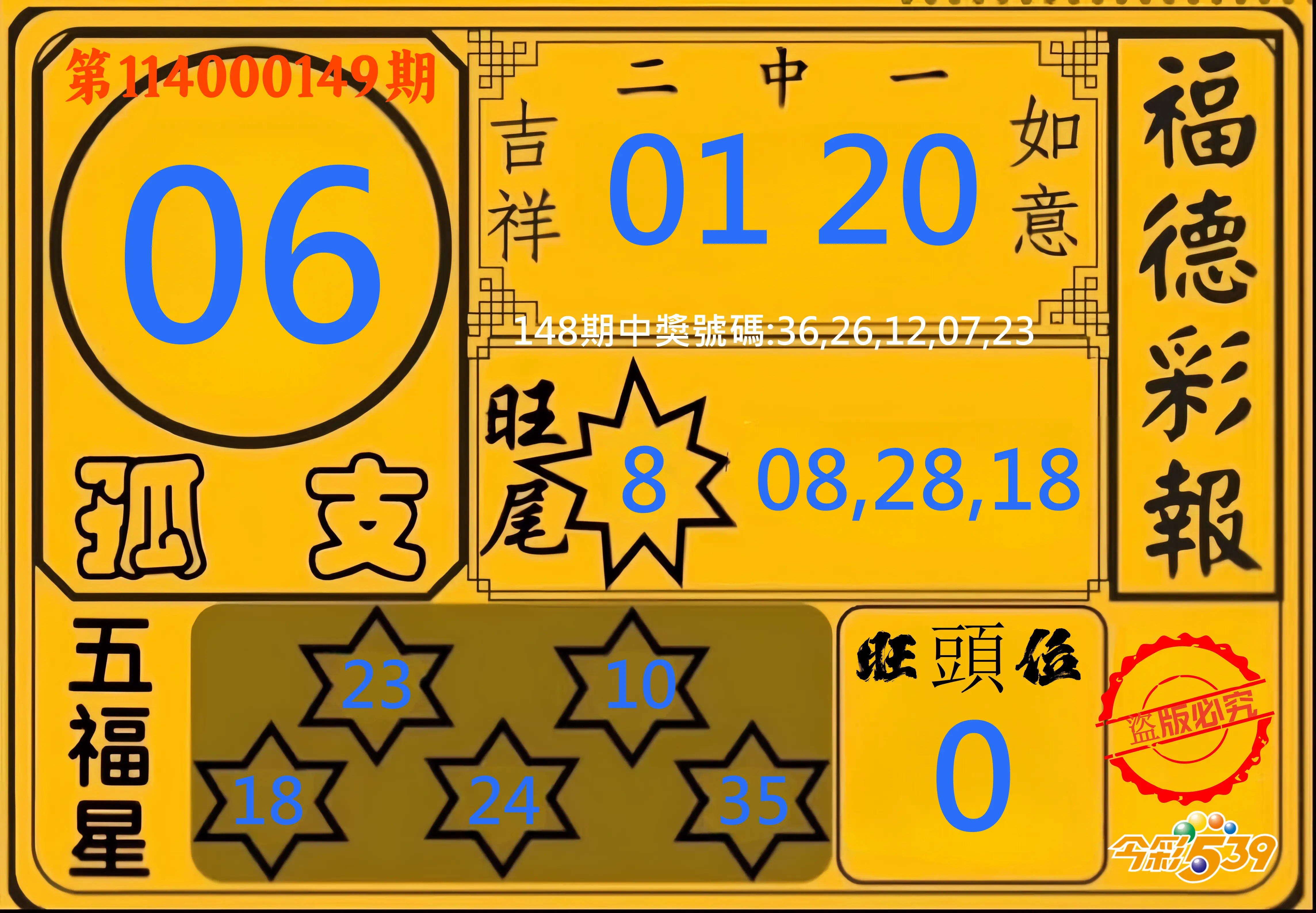 今彩539第114000149期今彩539德福彩報牌預測