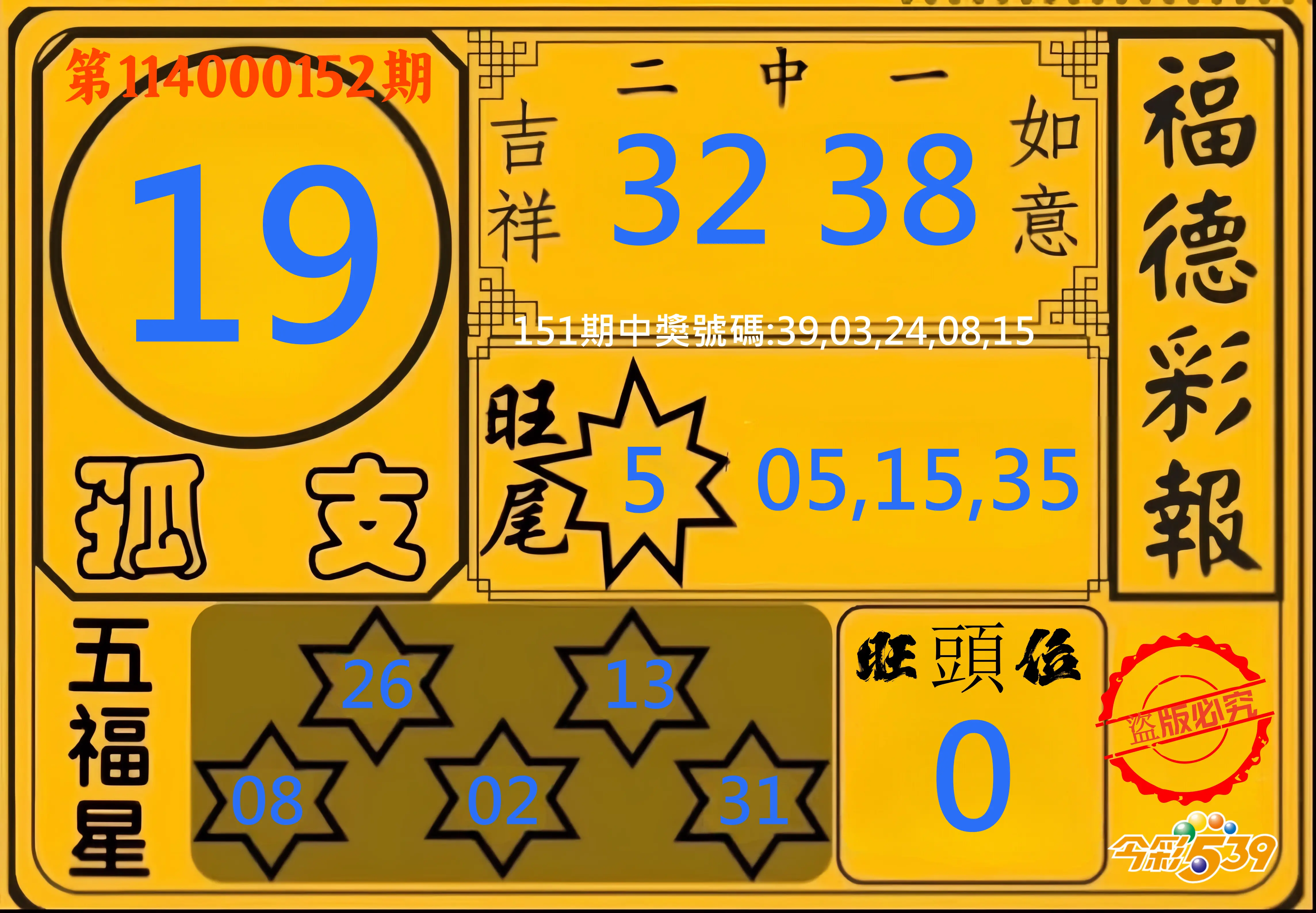 今彩539第114000152期今彩539德福彩報牌預測