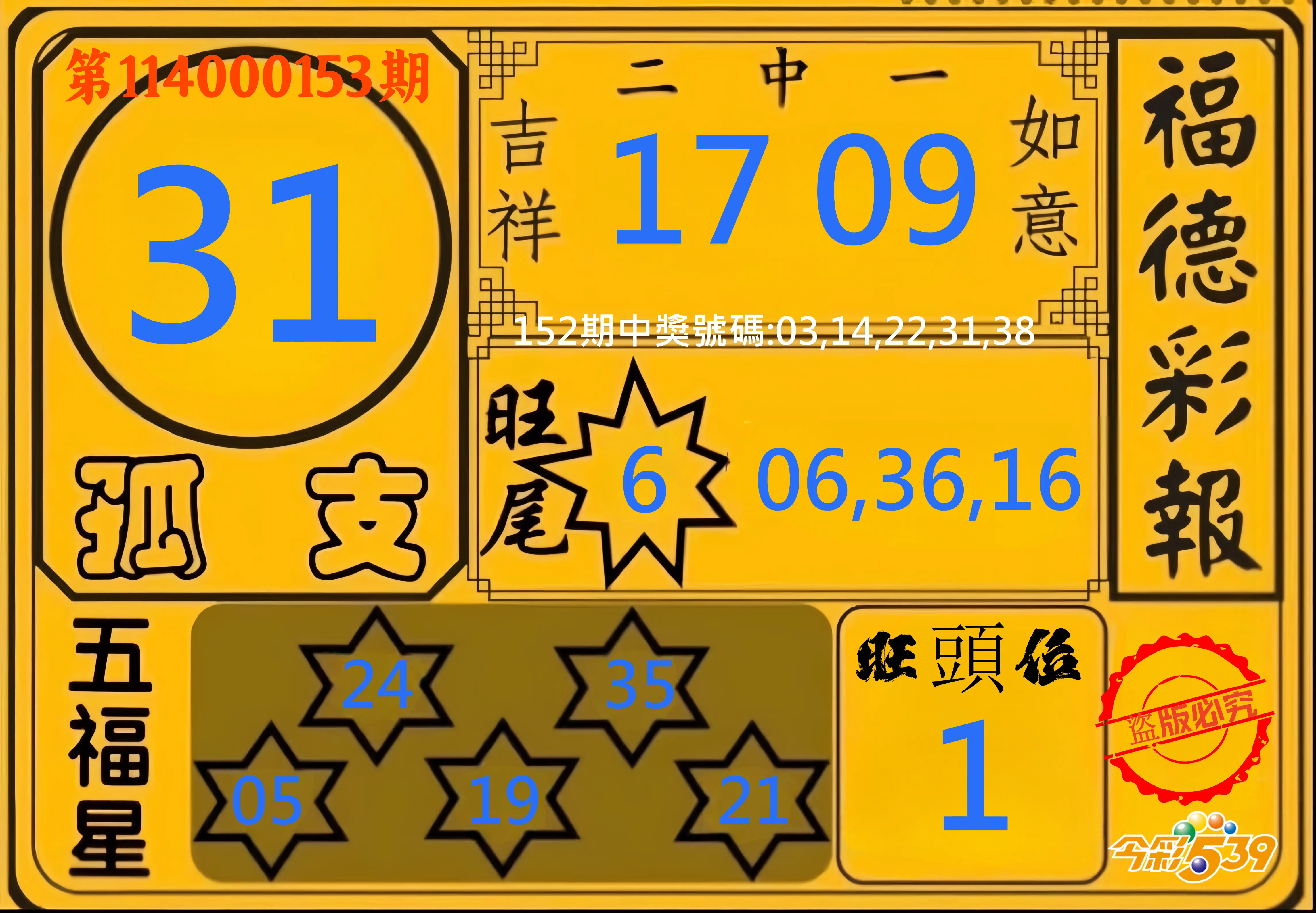 今彩539第114000153期今彩539德福彩報牌預測
