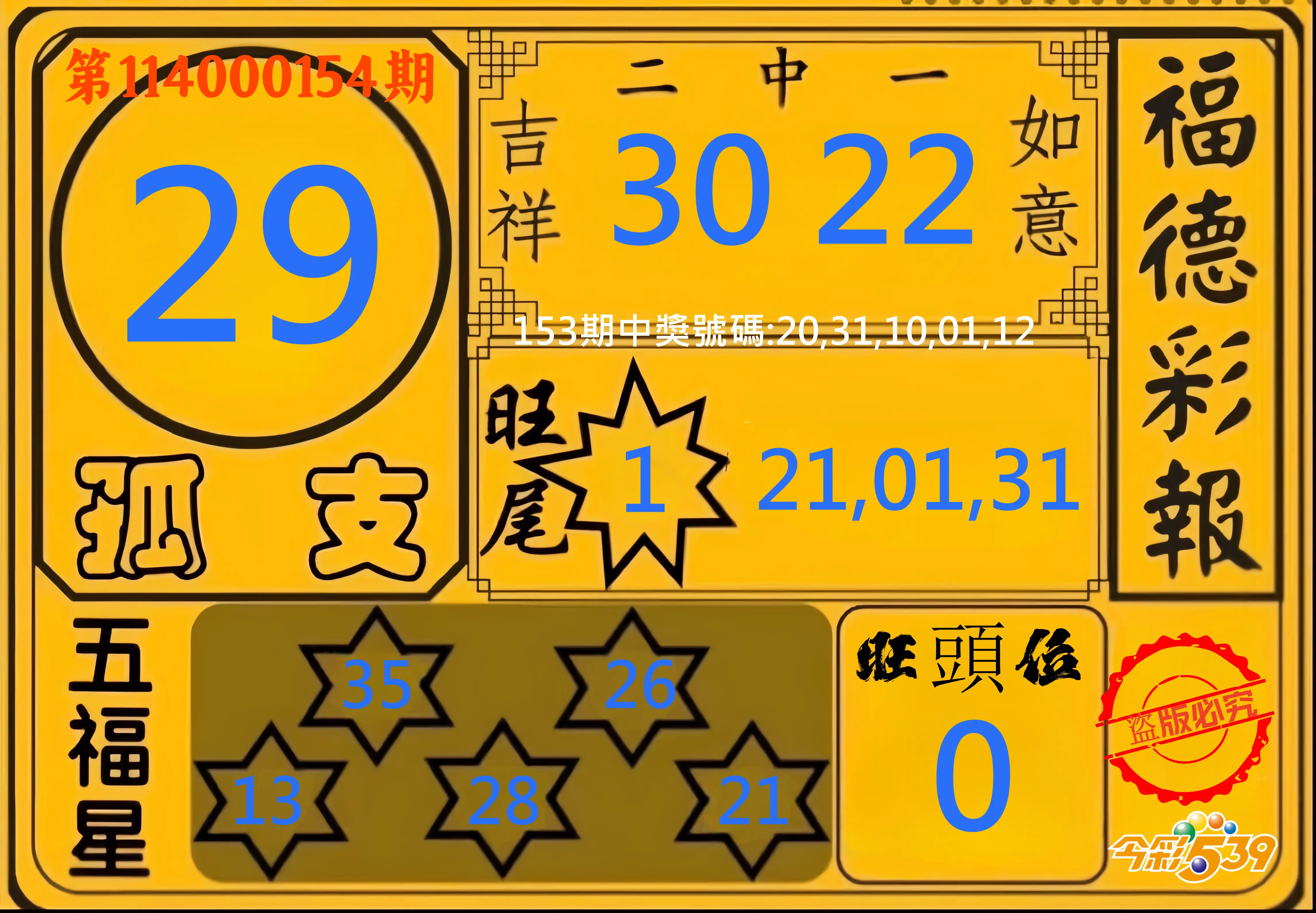 今彩539第114000154期今彩539德福彩報牌預測