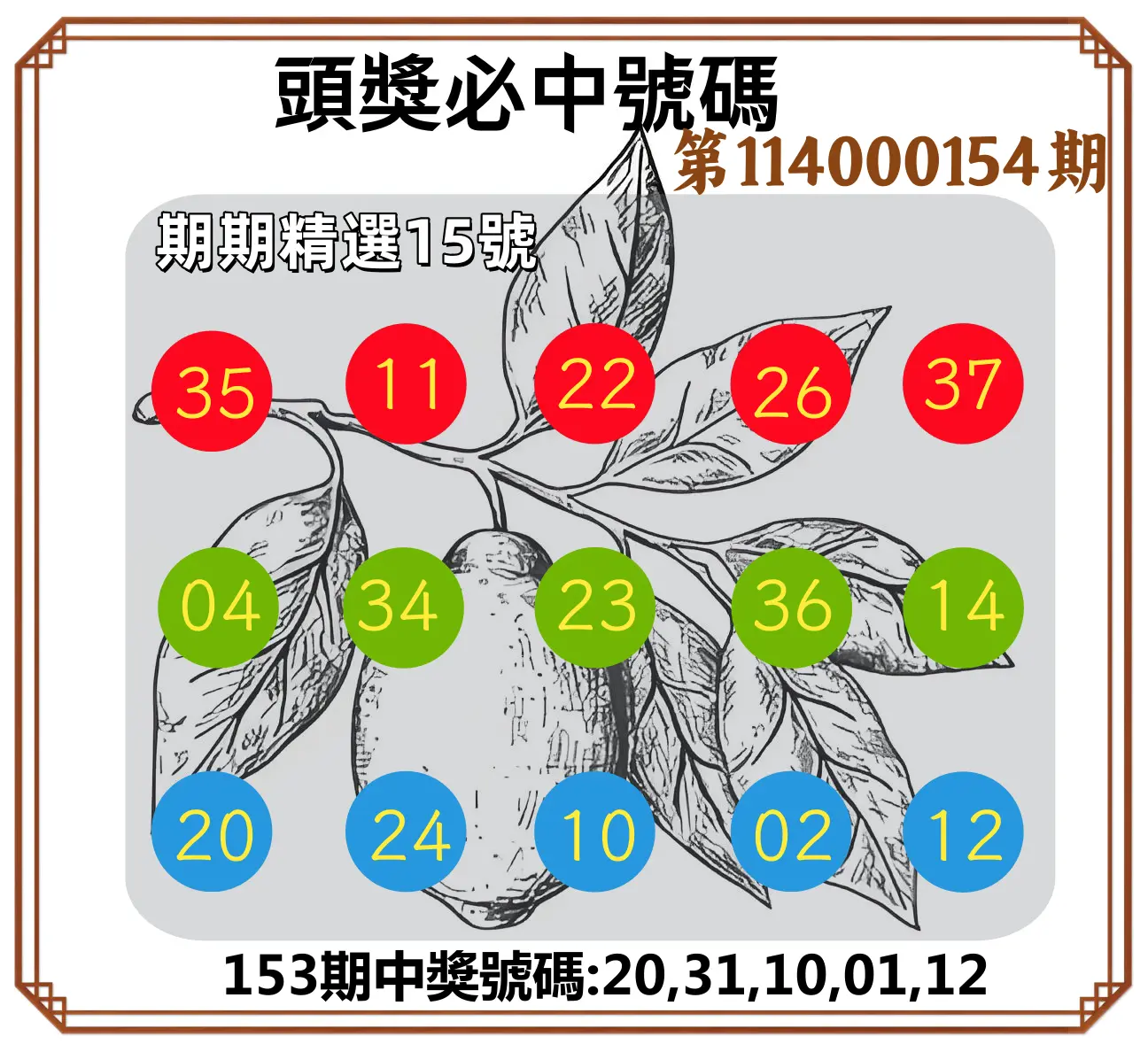 今彩539第114000154期頭獎號碼