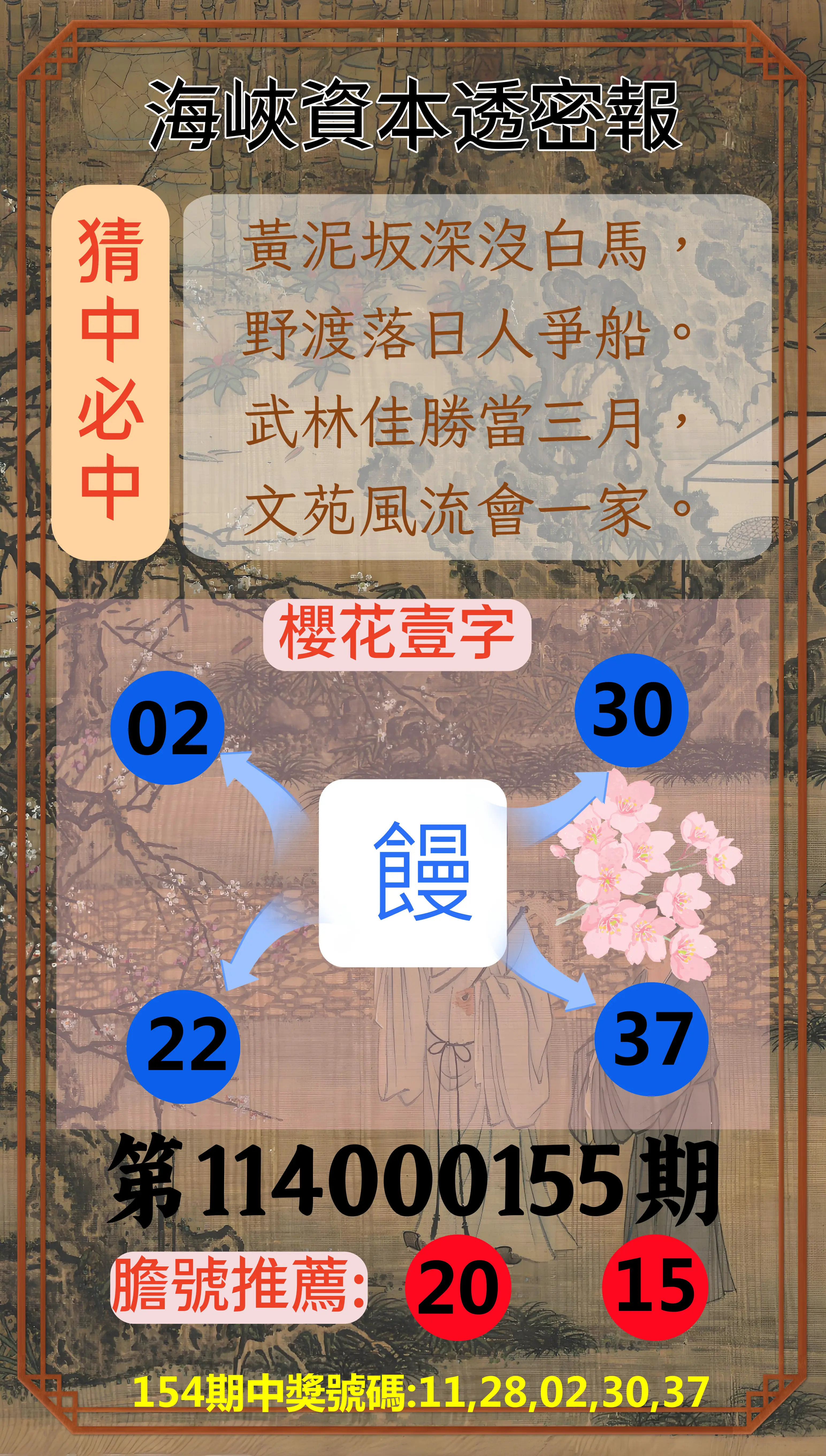 今彩539第114000155期海峽資本透密報
