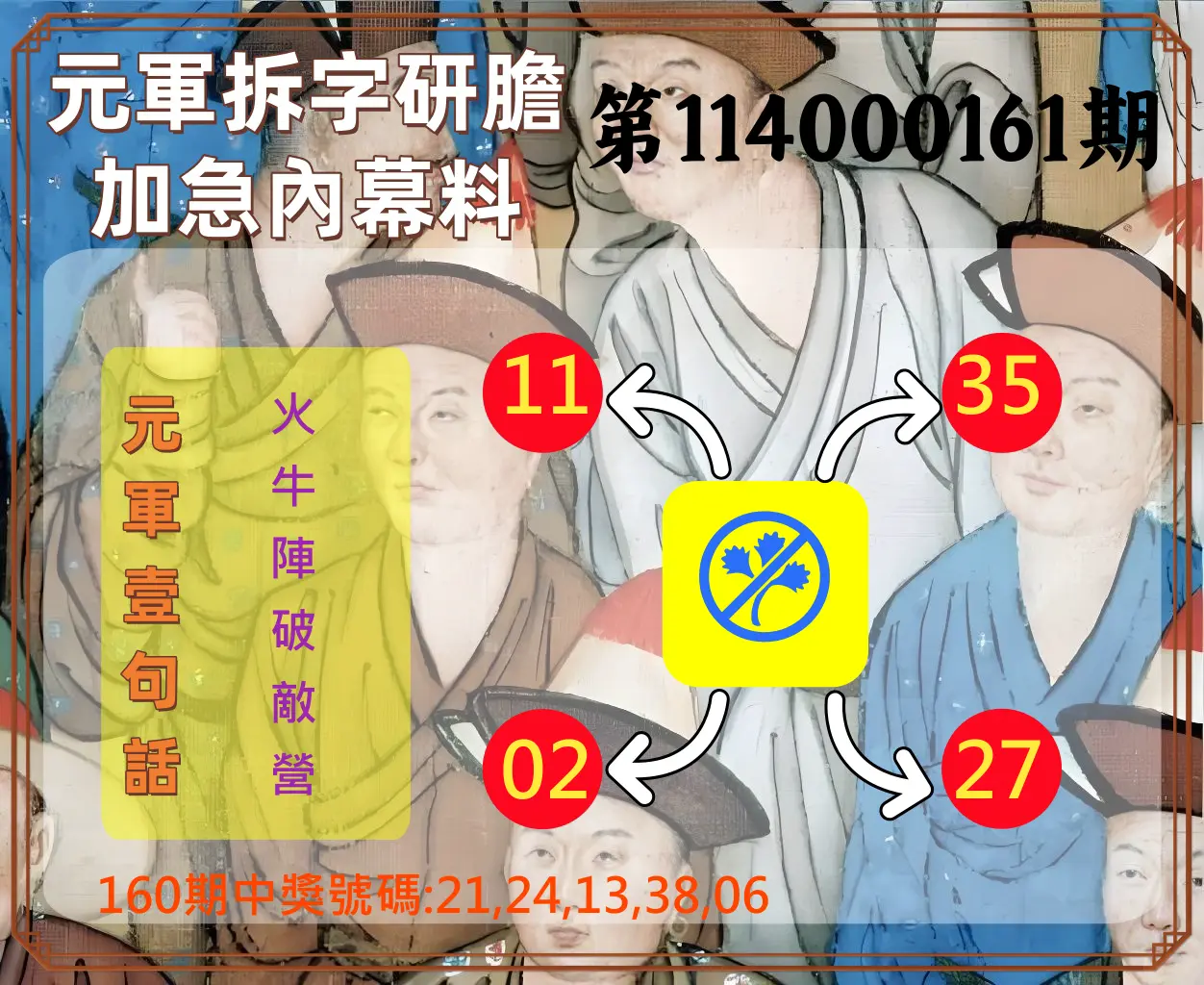 今彩539第114000161期(07/04)元軍拆字研膽加急內幕料