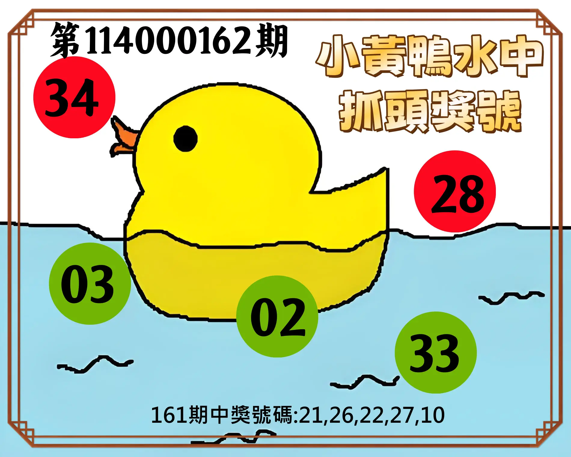 今彩539第114000162期(07/04)小黃鴨水中抓頭獎號