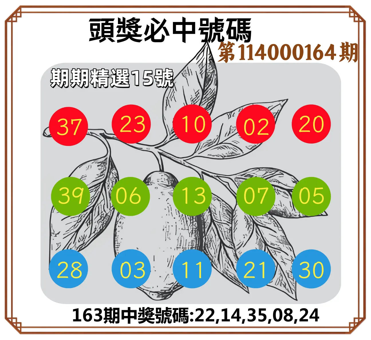 今彩539第114000164期(07/07)頭獎號碼