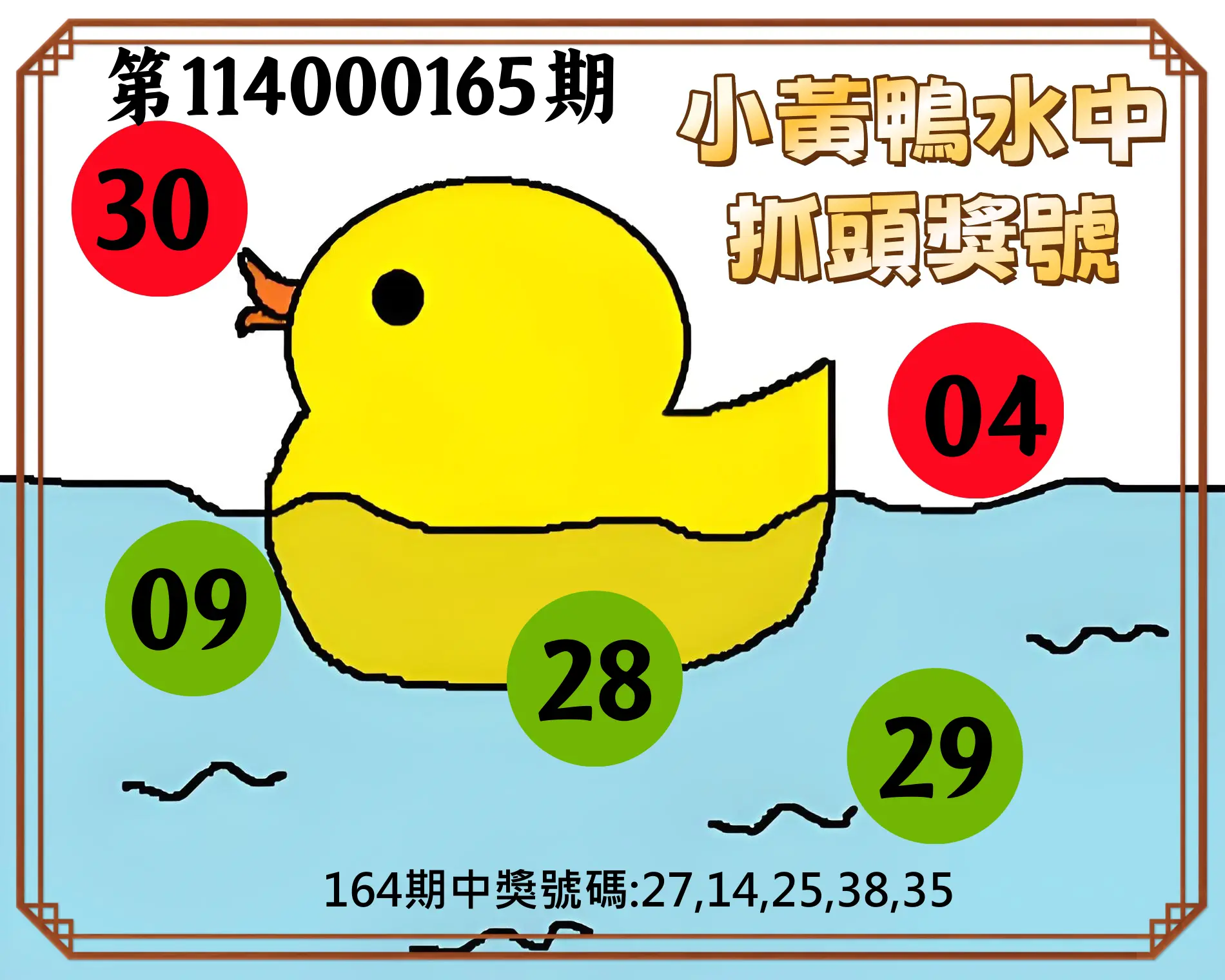 今彩539第114000165期(07/08)小黃鴨水中抓頭獎號