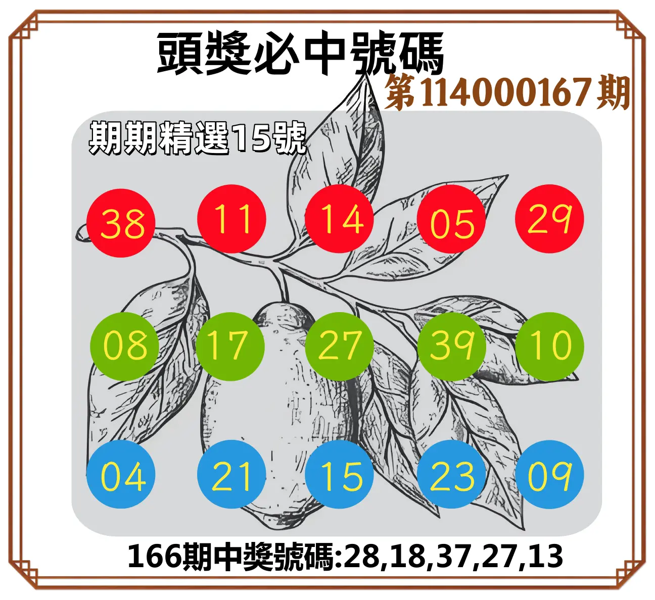 今彩539第114000167期(07/10)頭獎號碼