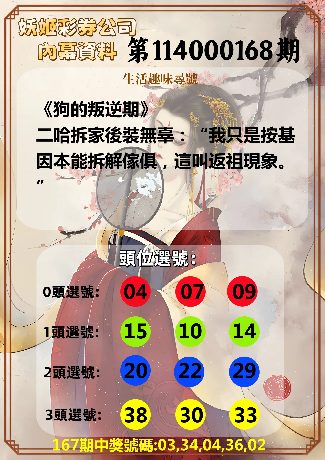 今彩539第114000168期(07/11)妖姬彩券公司內幕資料