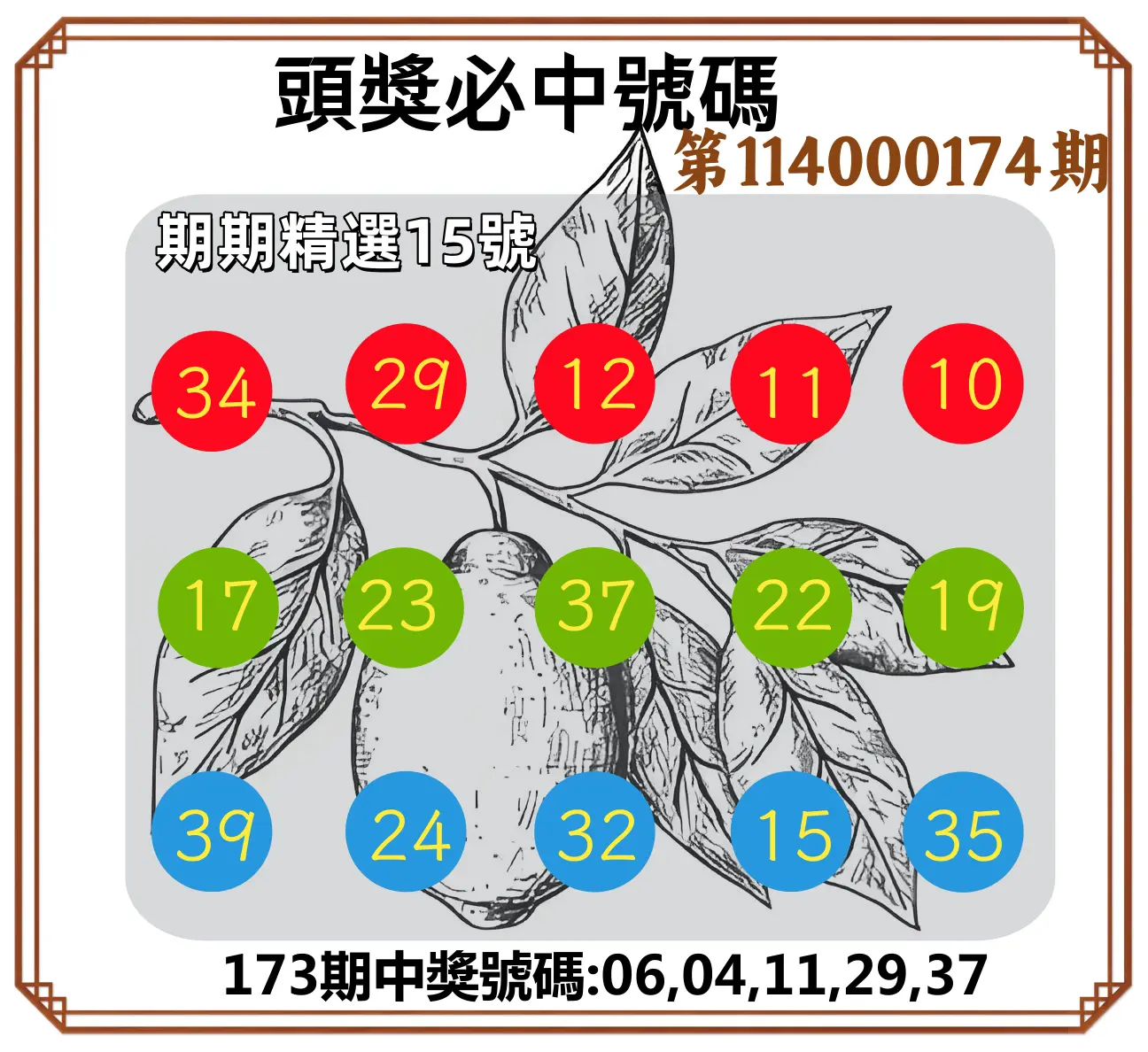 今彩539第114000174期(07/18)頭獎號碼