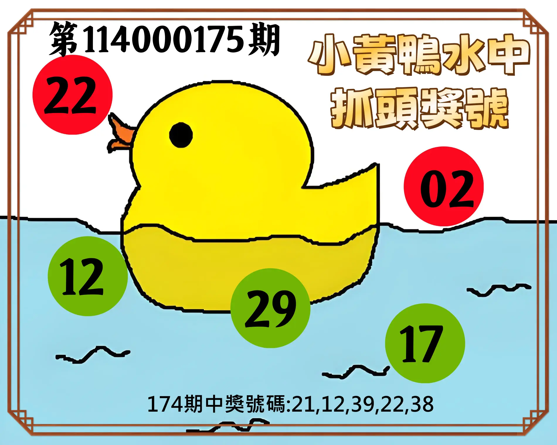 今彩539第114000175期(07/19)小黃鴨水中抓頭獎號