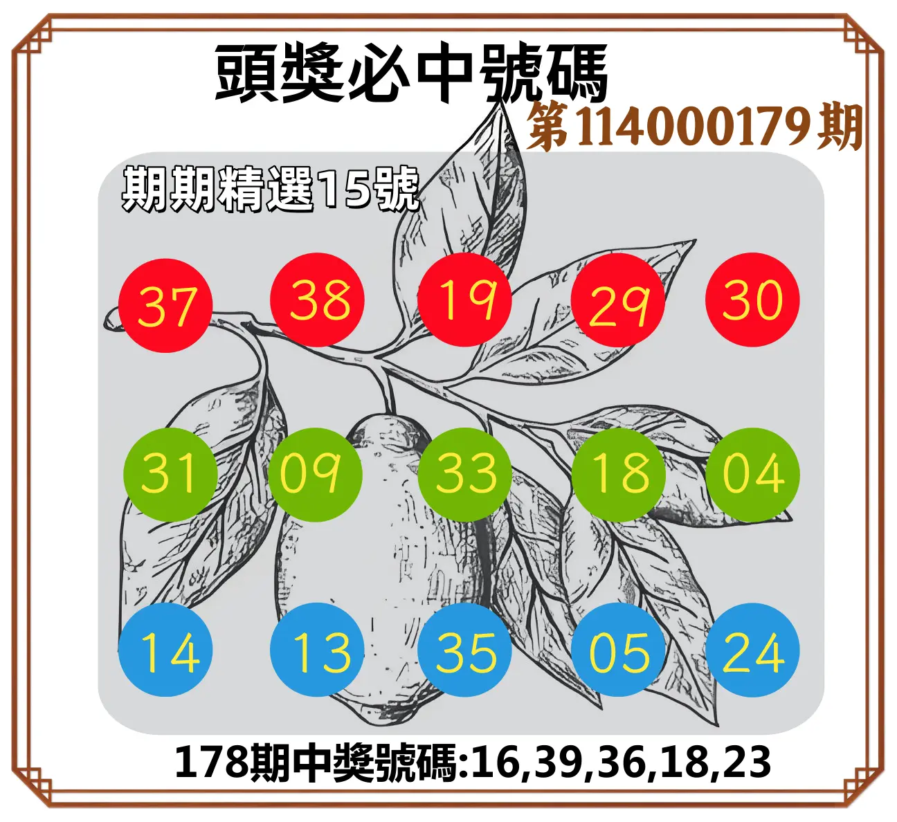 今彩539第114000179期(07/24)頭獎號碼