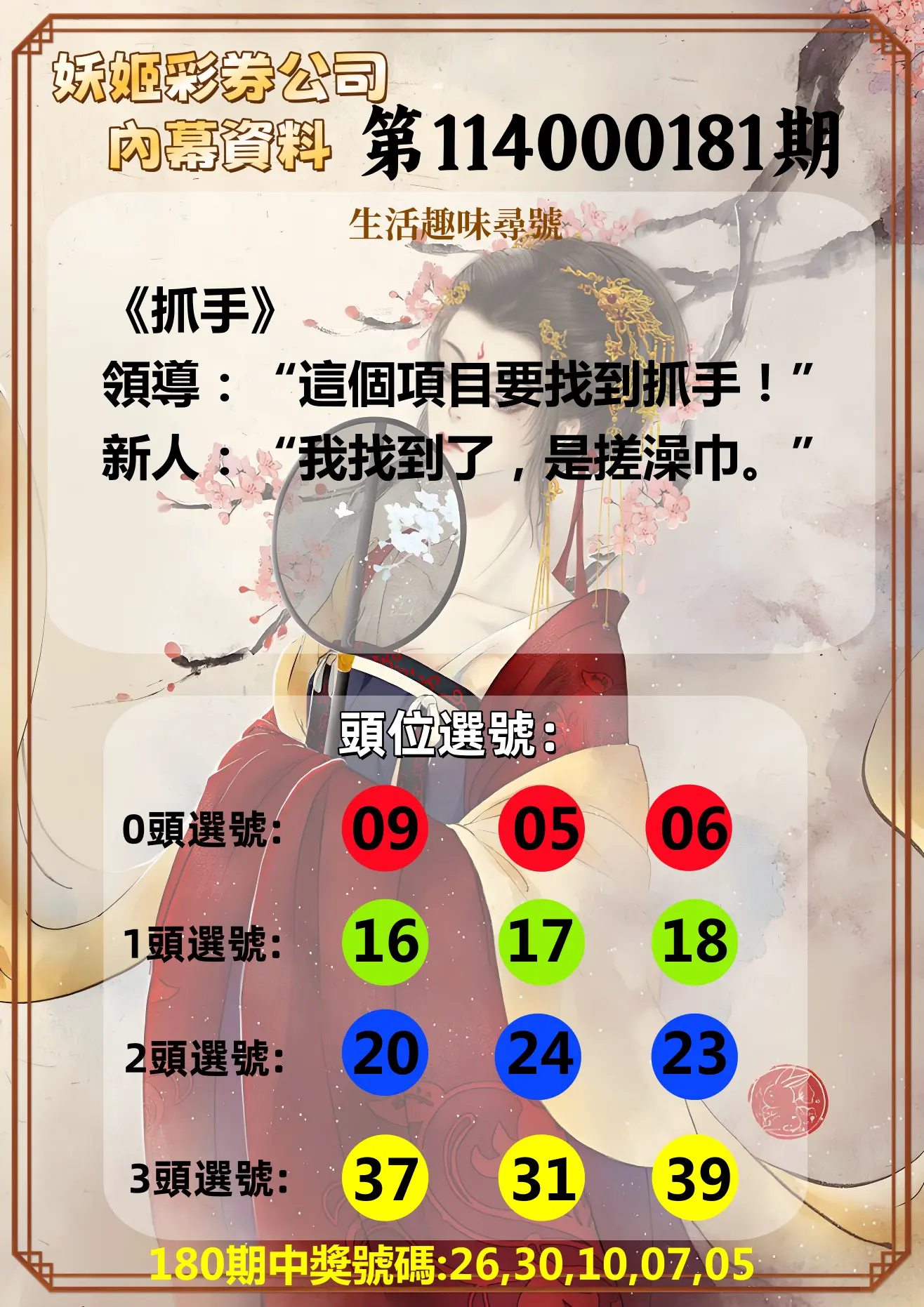 今彩539第114000181期(07/26)妖姬彩券公司內幕資料