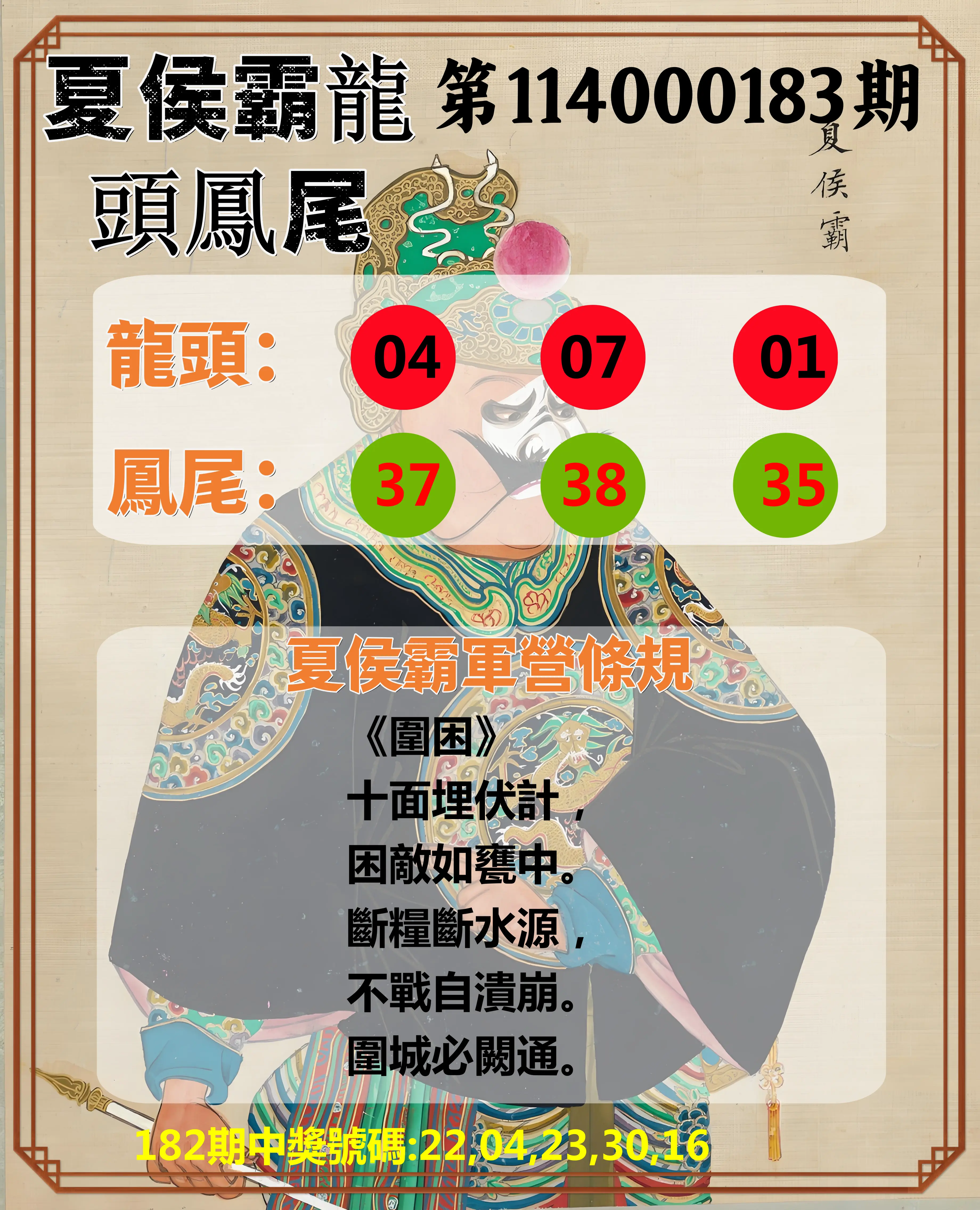 今彩539第114000183期(07/29)夏侯霸龍頭鳳尾