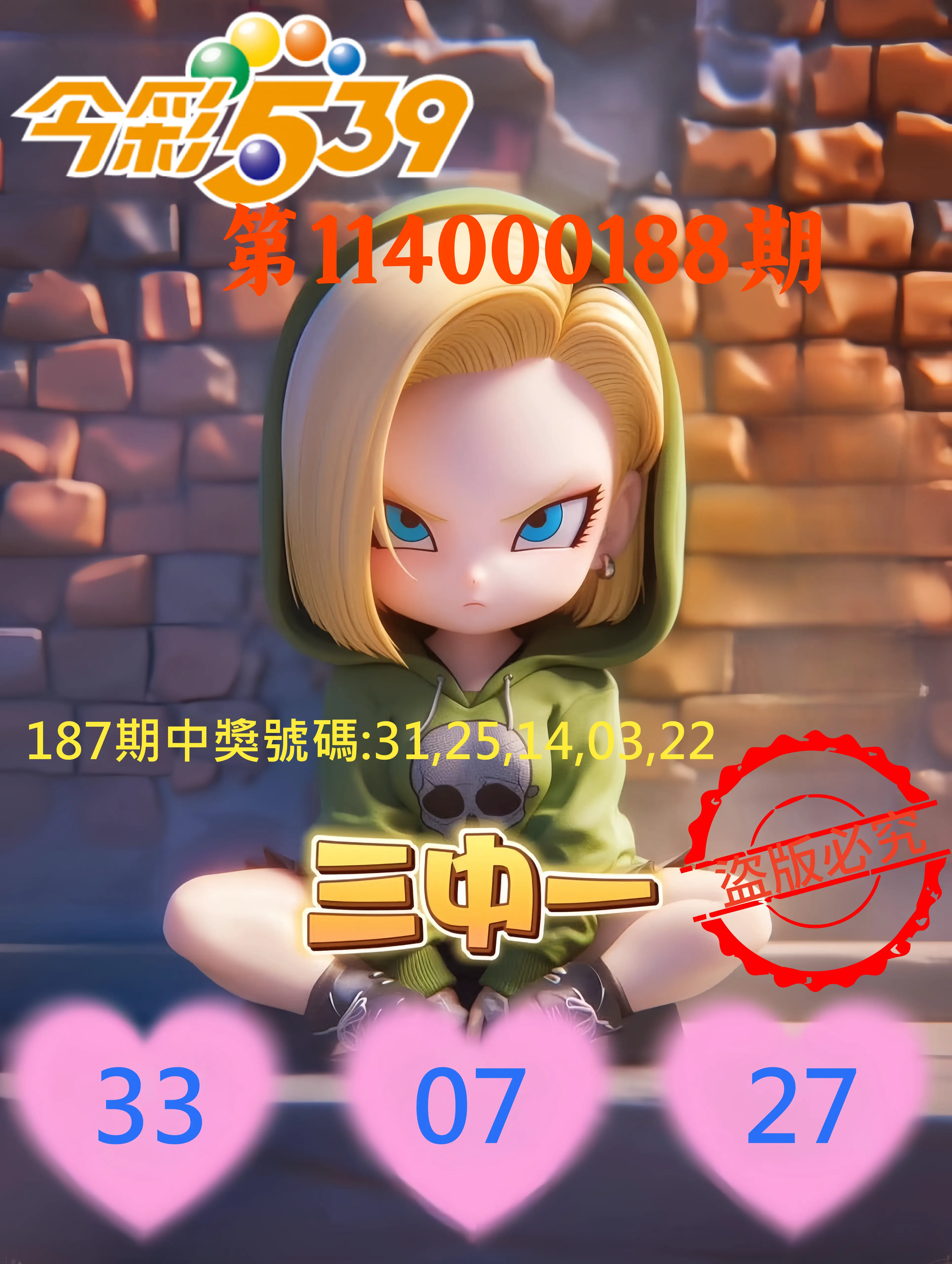 今彩539第114000188期(08/04)今彩539孫恩淑三中壹牌號