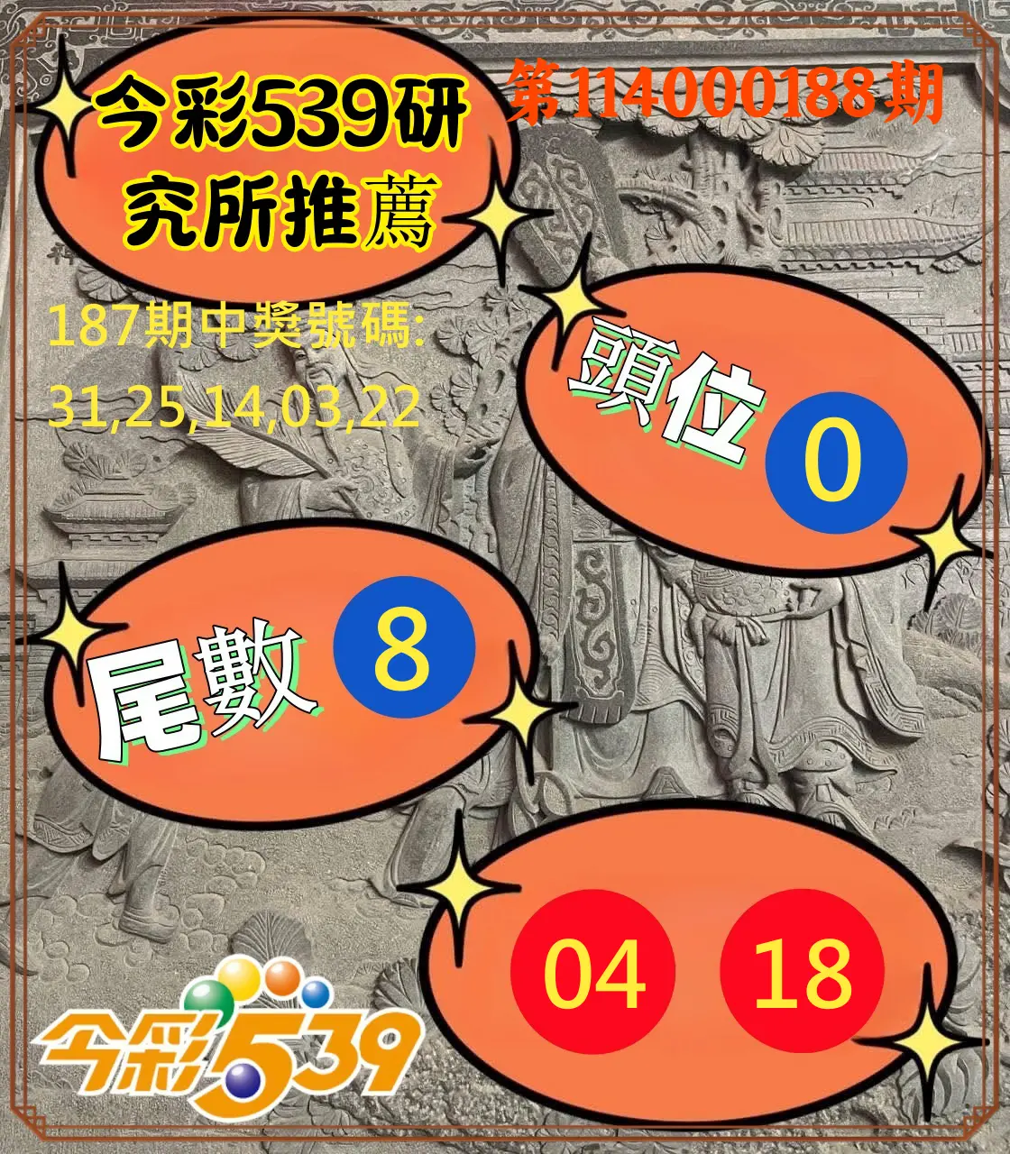 今彩539第114000188期(08/04)今彩539研究所推薦