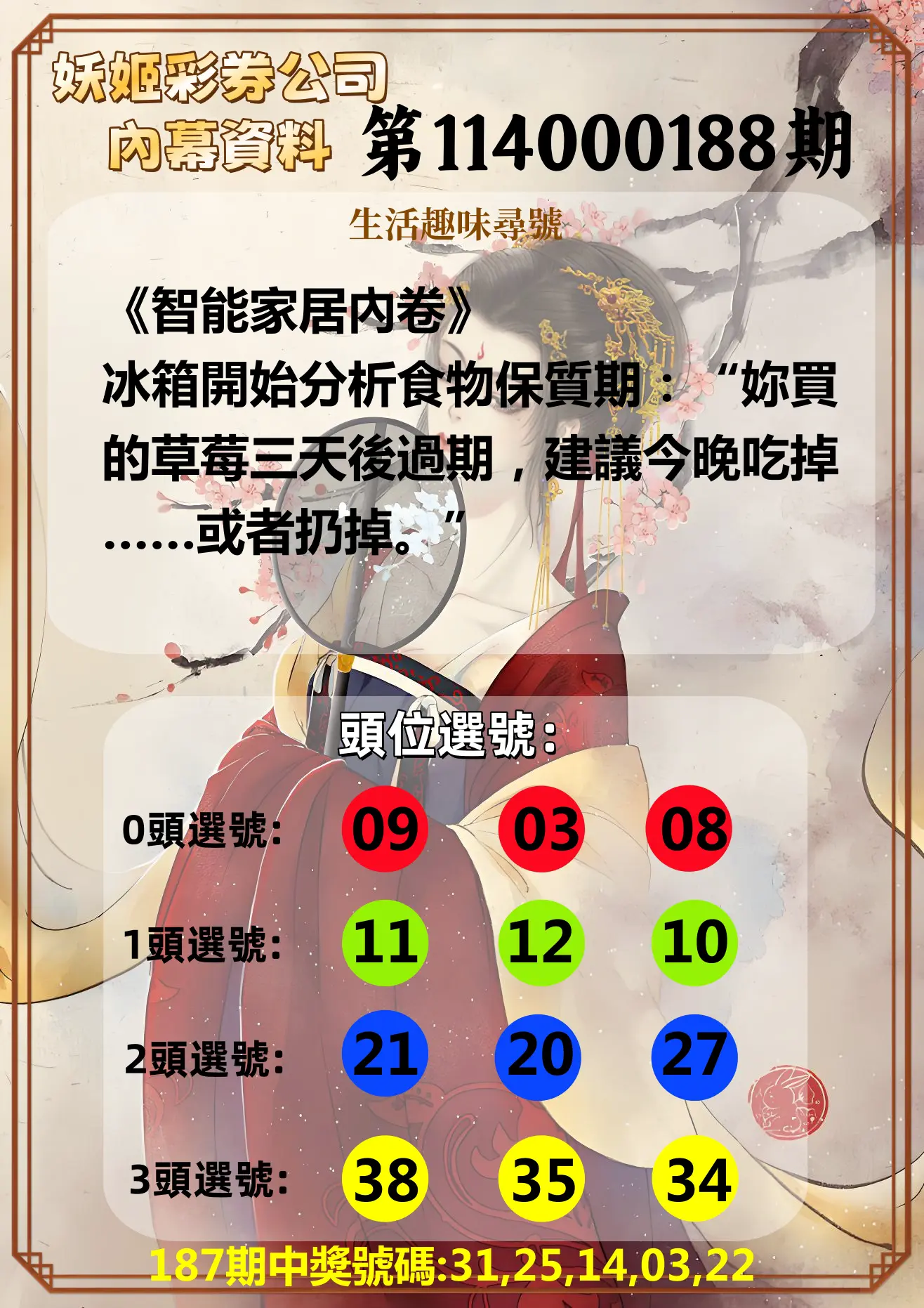 今彩539第114000188期(08/04)妖姬彩券公司內幕資料