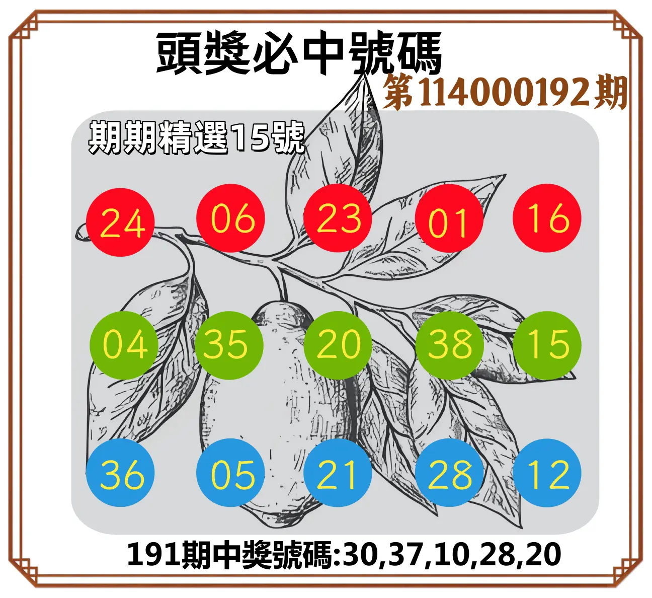 今彩539第114000192期(08/08)頭獎號碼