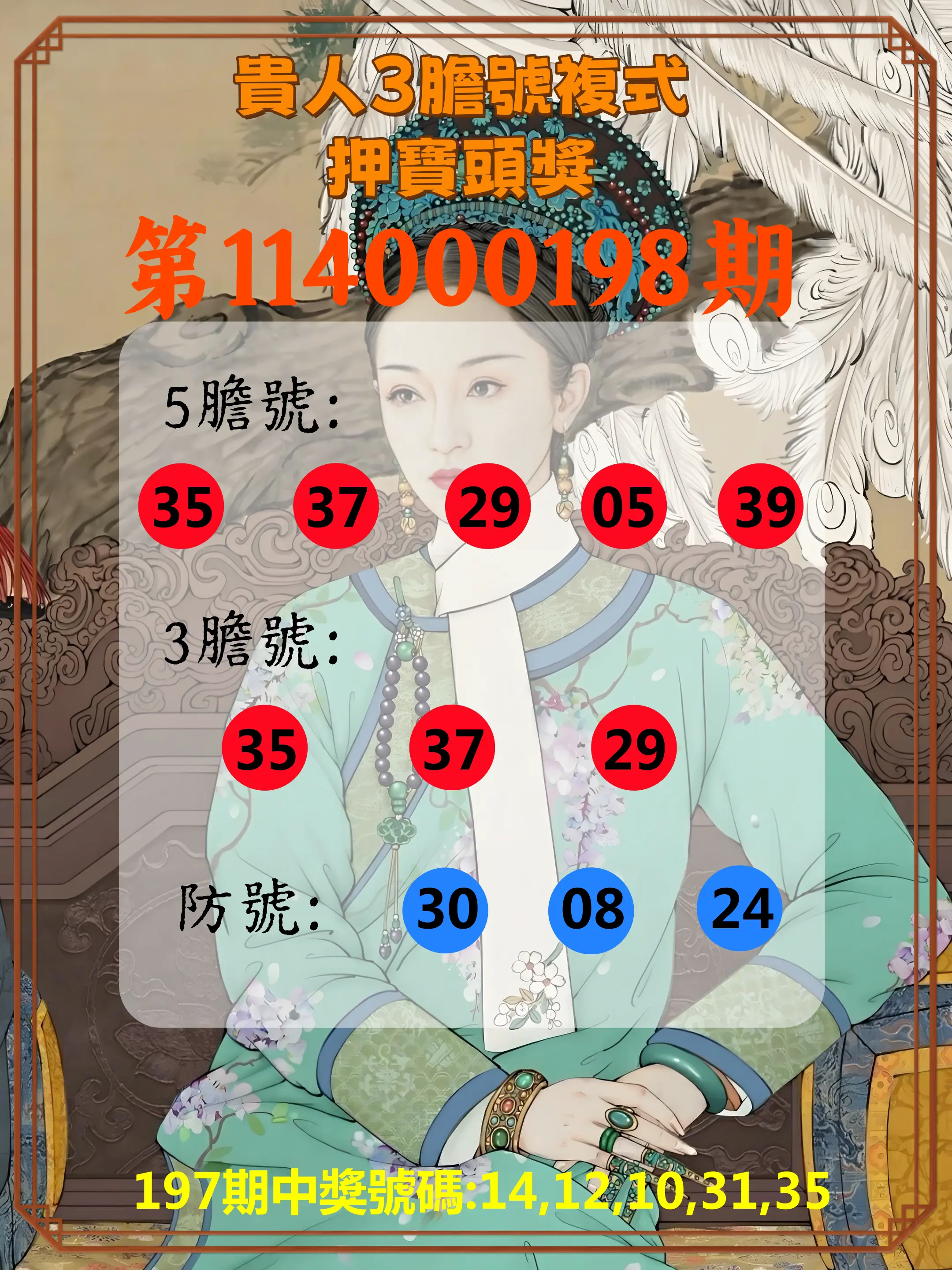 今彩539第114000198期(08/15)貴人3膽號複式押寶頭獎