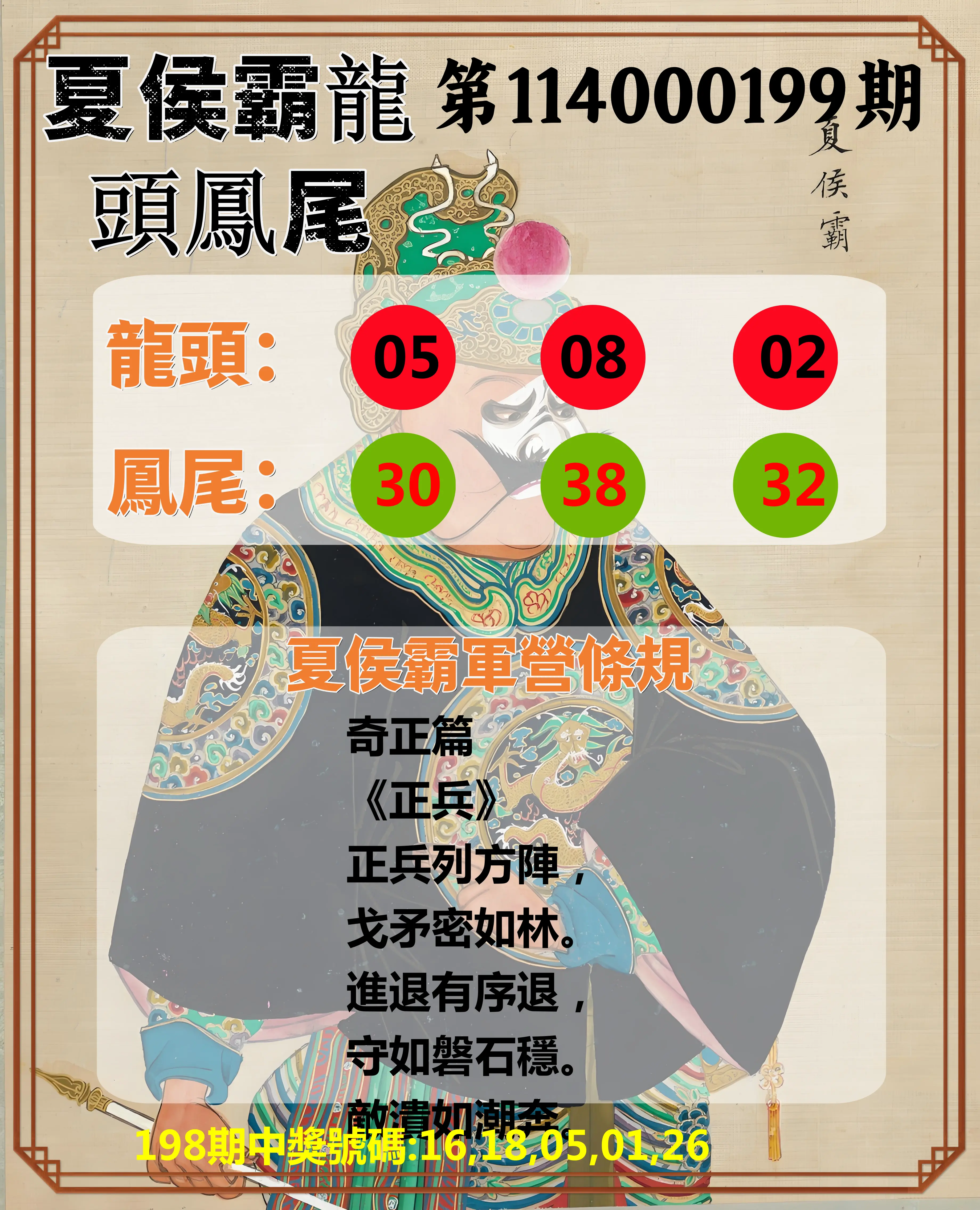 今彩539第114000199期(08/16)夏侯霸龍頭鳳尾