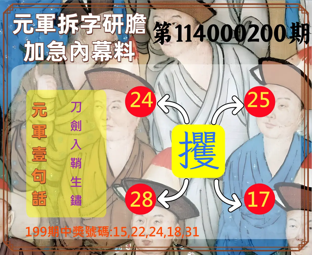 今彩539第114000200期(08/18)元軍拆字研膽加急內幕料