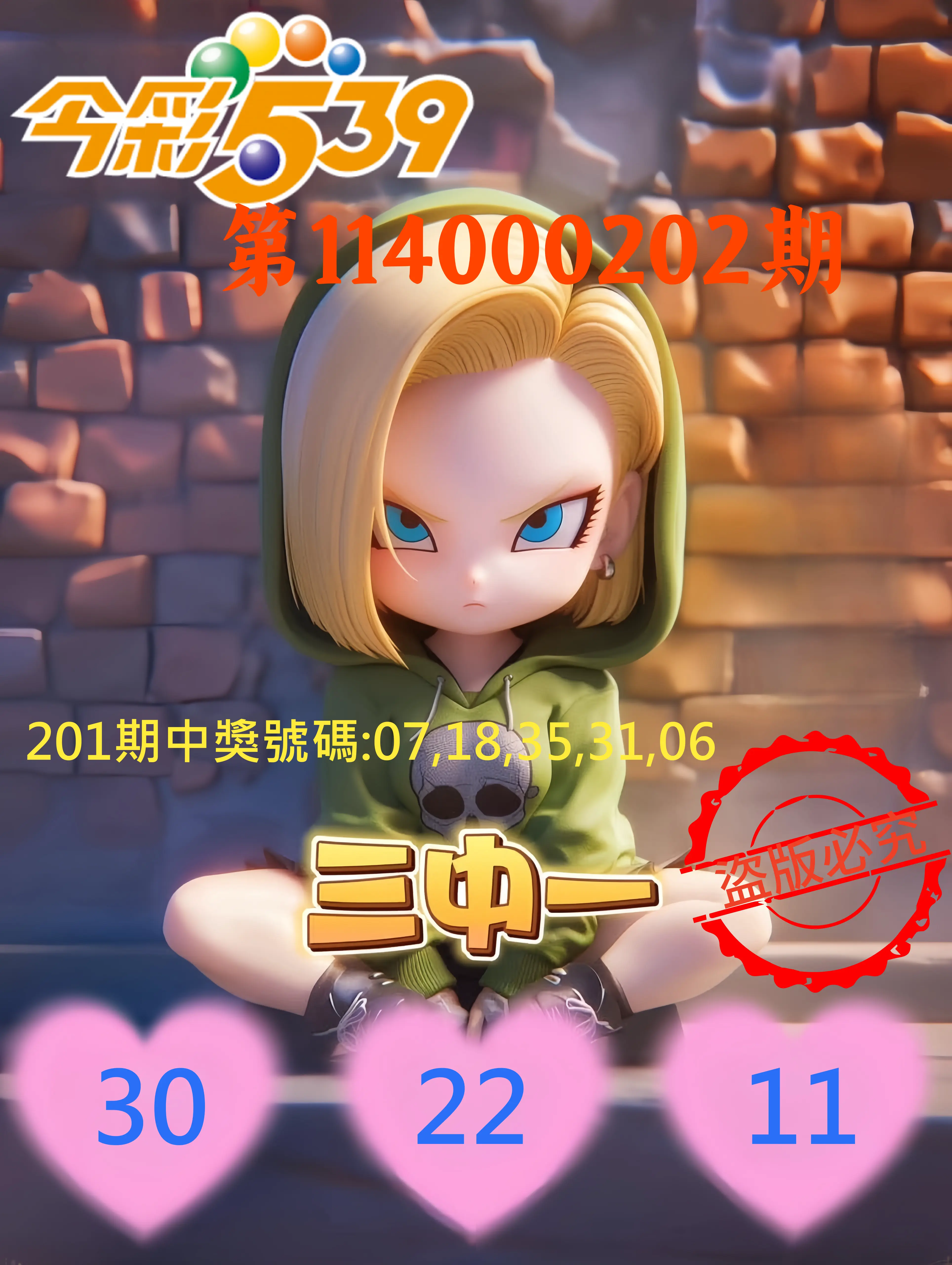 今彩539第114000202期(08/20)今彩539孫恩淑三中壹牌號