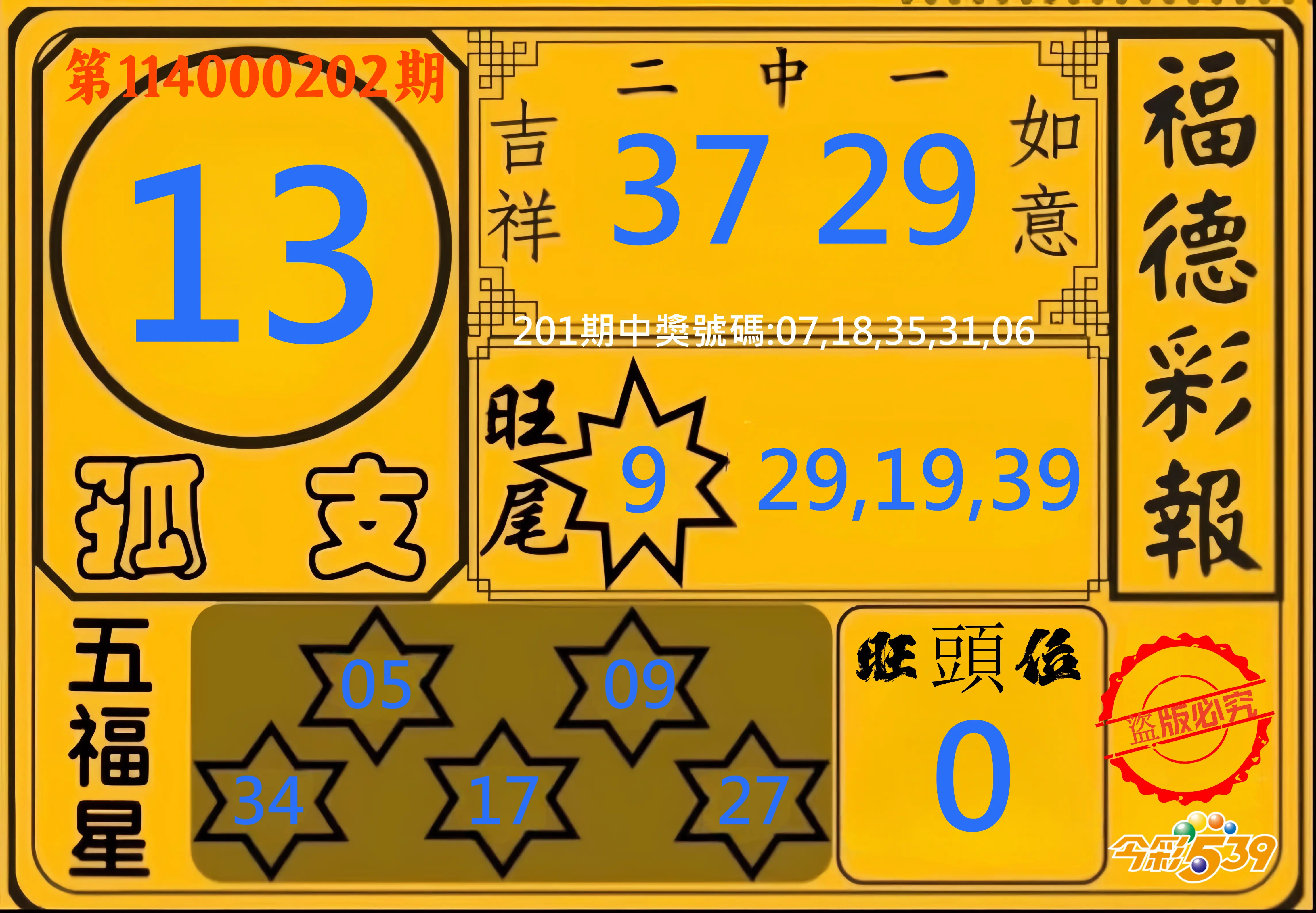 今彩539第114000202期(08/20)今彩539德福彩報牌預測