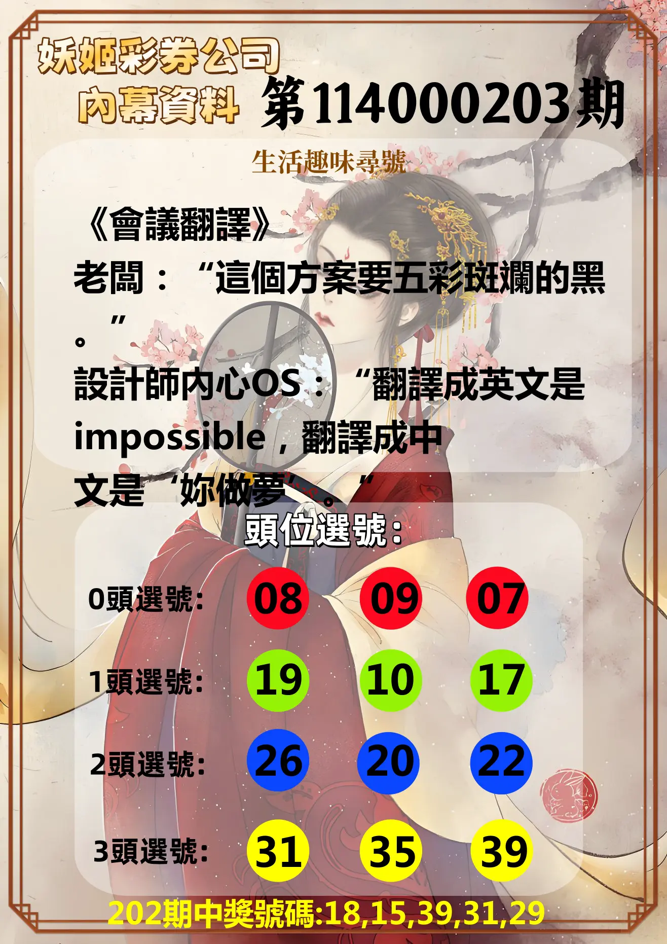 今彩539第114000203期(08/21)妖姬彩券公司內幕資料