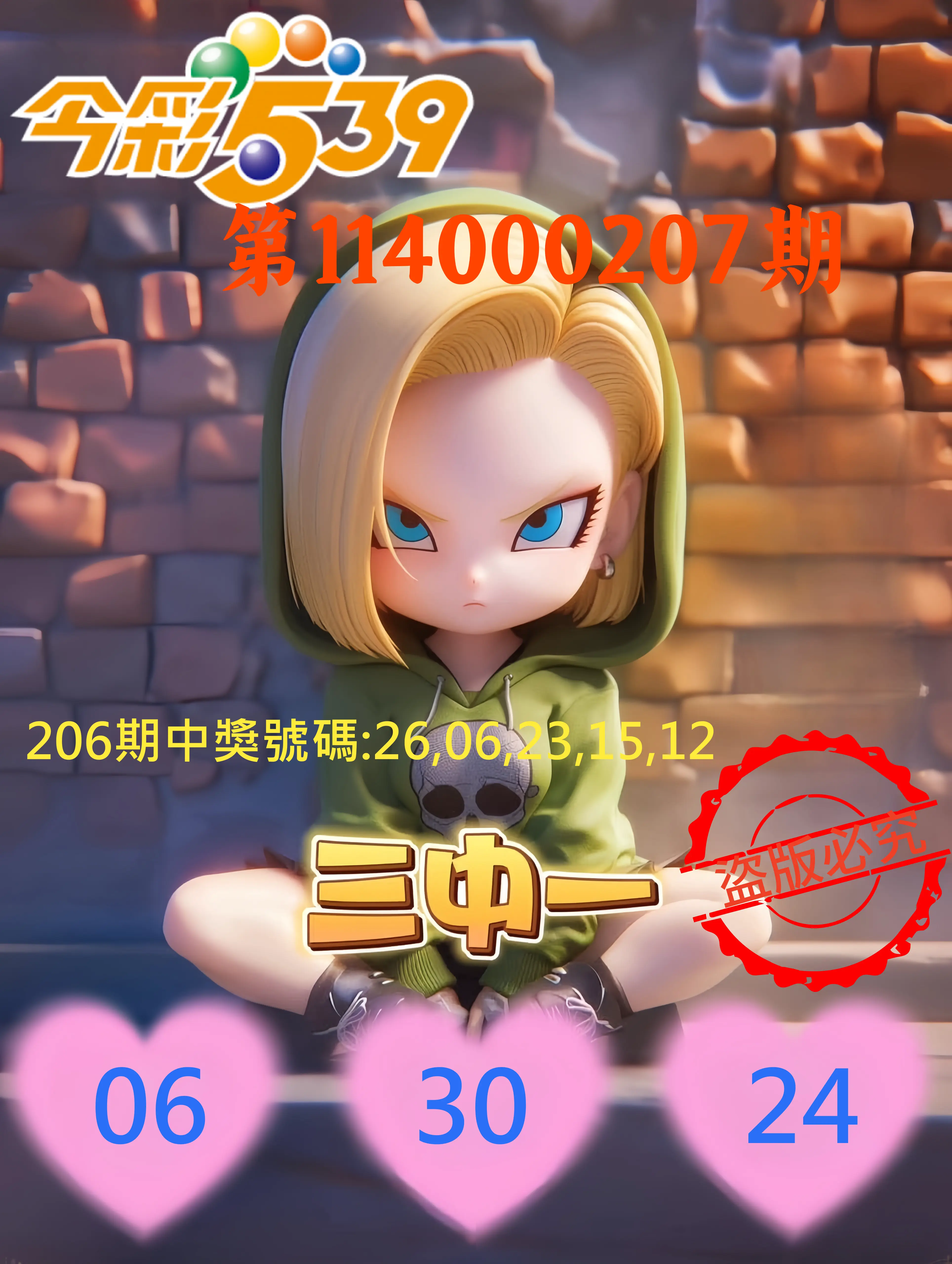 今彩539第114000207期(08/26)今彩539孫恩淑三中壹牌號