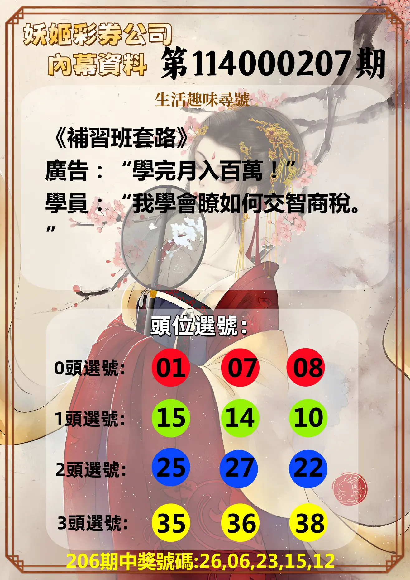 今彩539第114000207期(08/26)妖姬彩券公司內幕資料