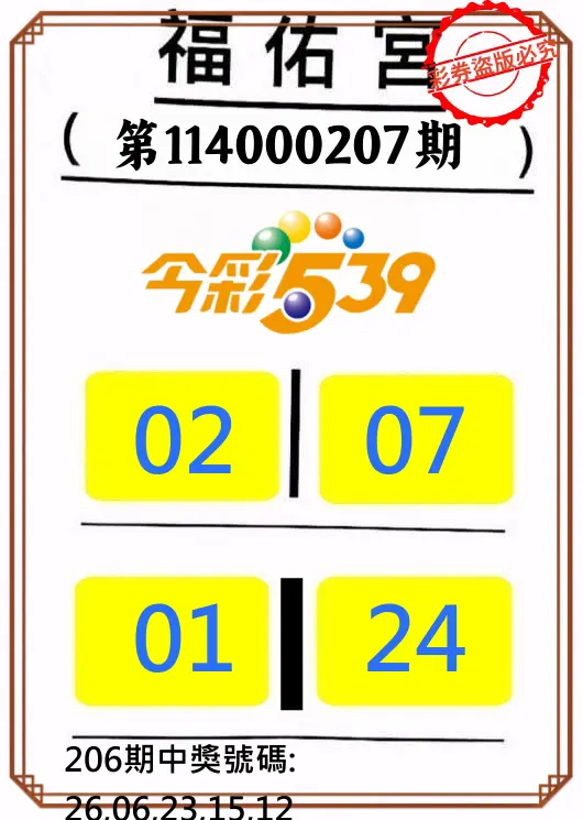 今彩539第114000207期(08/26)正版今彩539福佑宮牌號