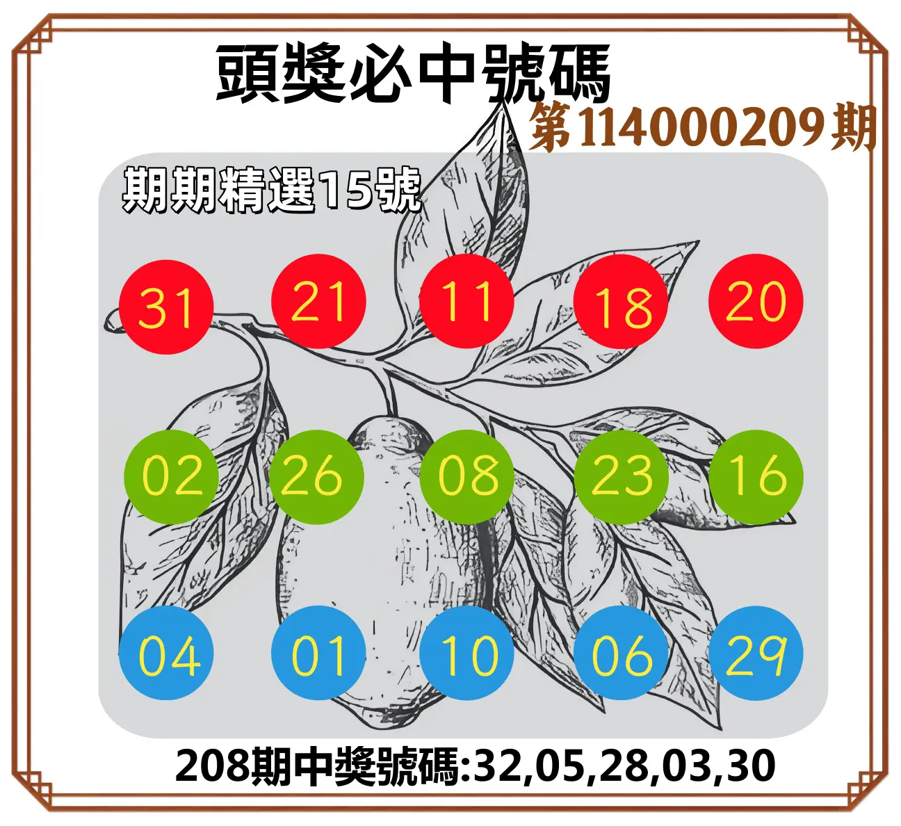 今彩539第114000209期(08/28)頭獎號碼