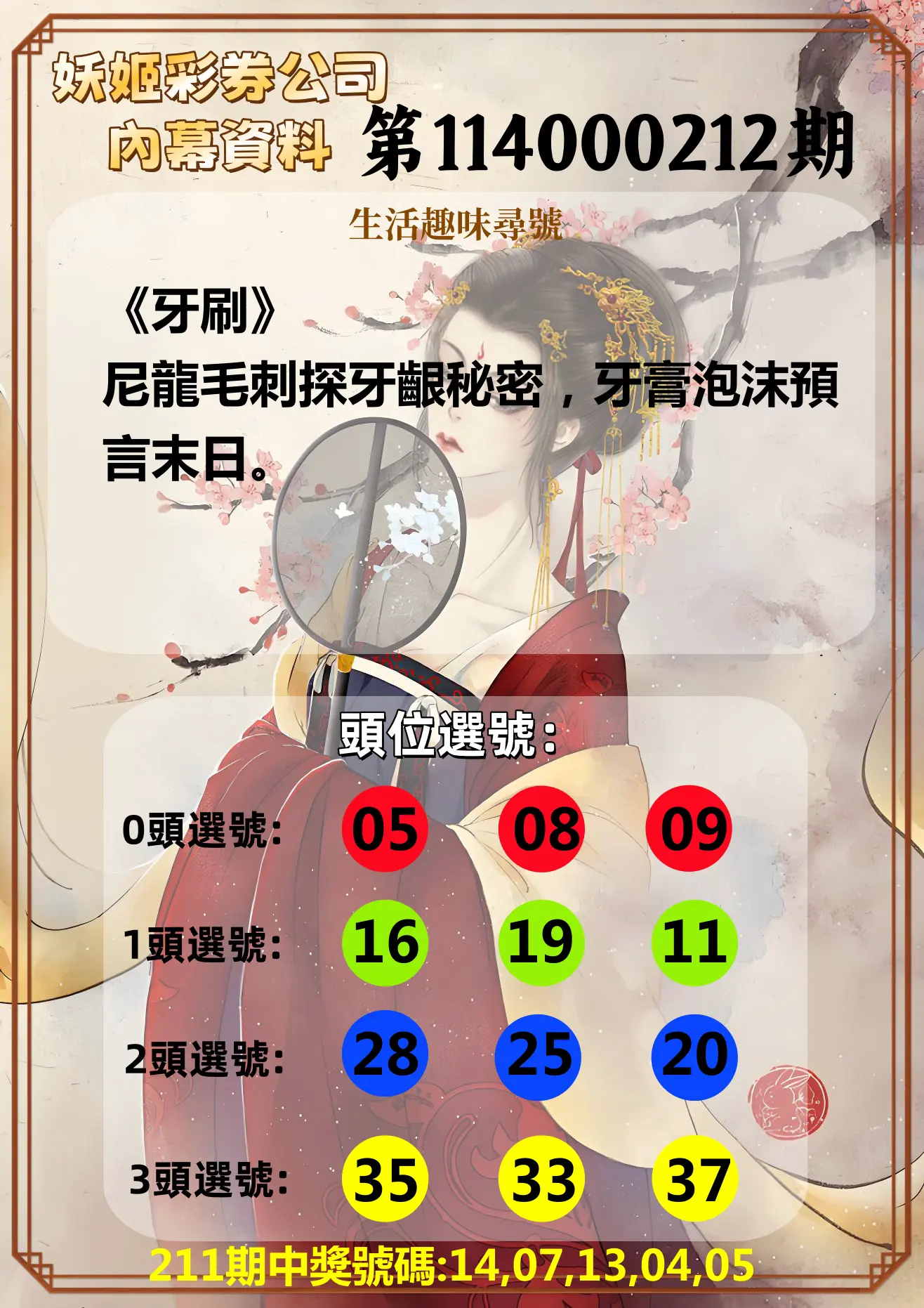 今彩539第114000212期(09/01)妖姬彩券公司內幕資料