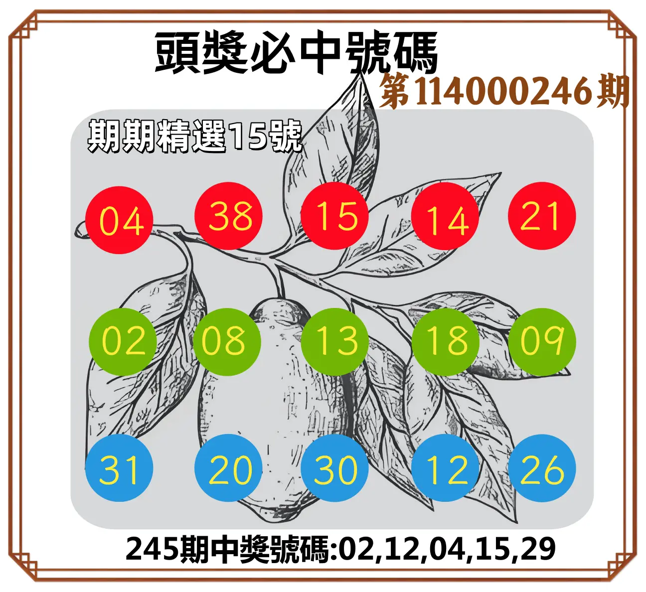 今彩539第114000246期(10/10)頭獎號碼
