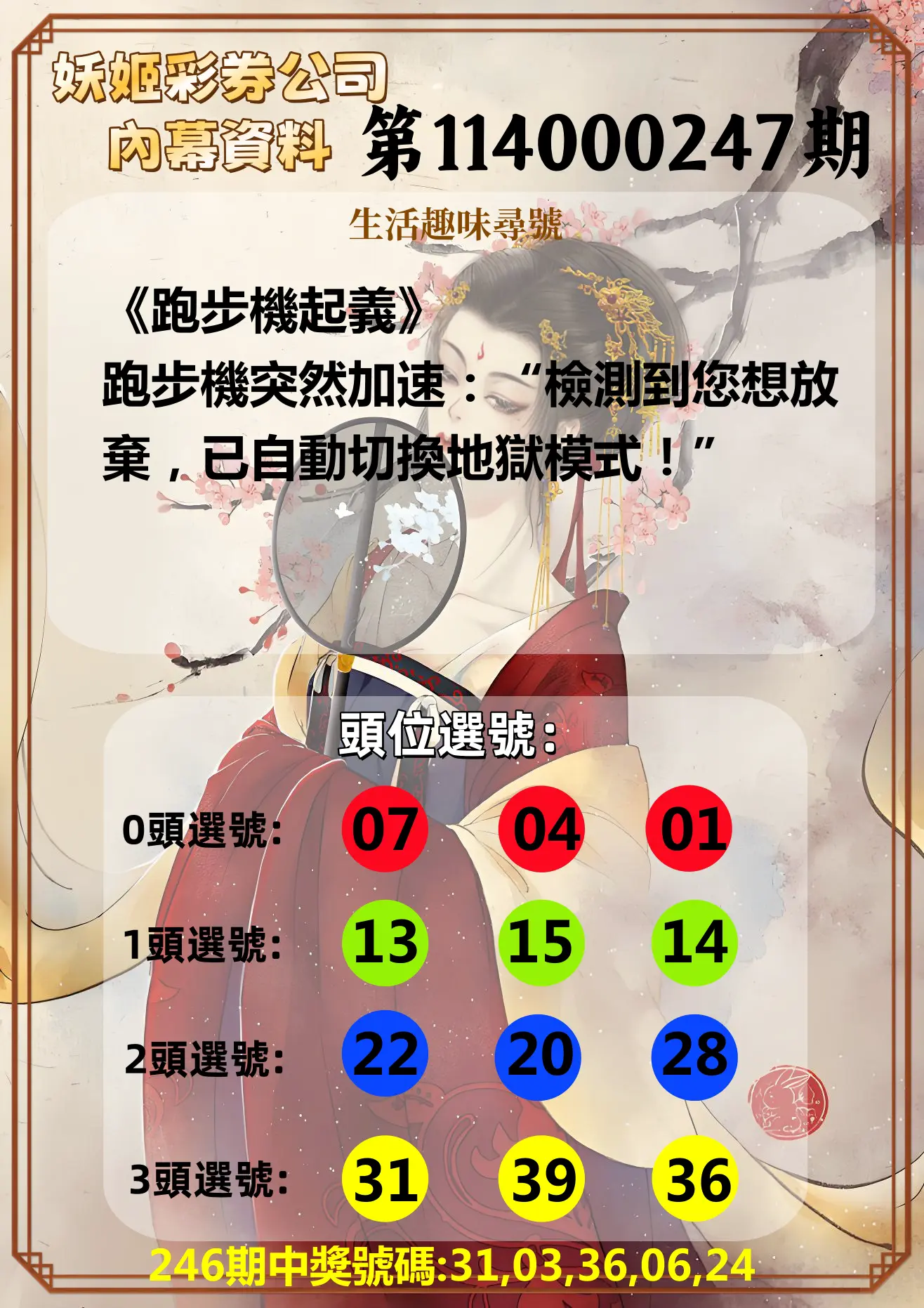 今彩539第114000247期(10/11)妖姬彩券公司內幕資料