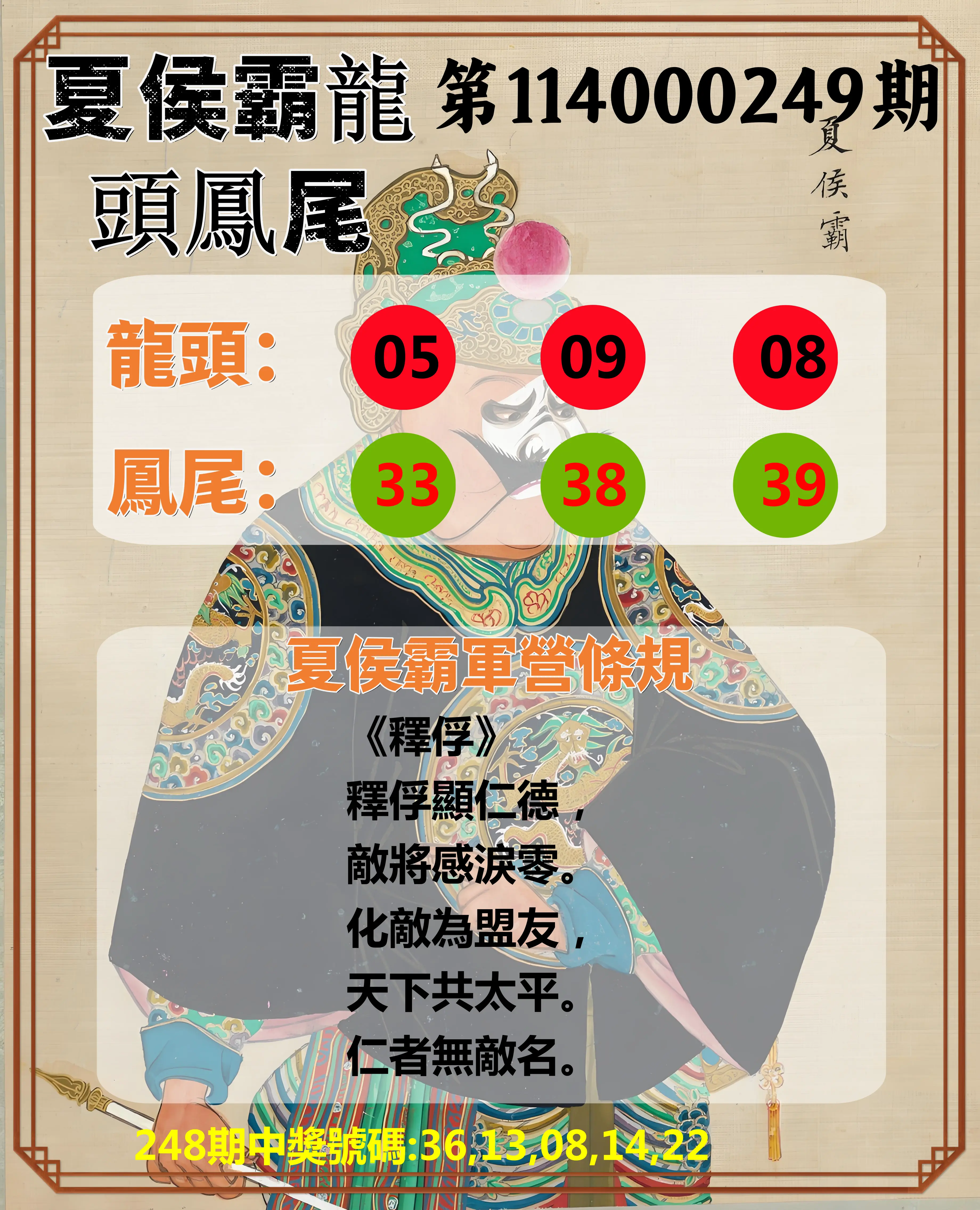 今彩539第114000249期(10/14)夏侯霸龍頭鳳尾