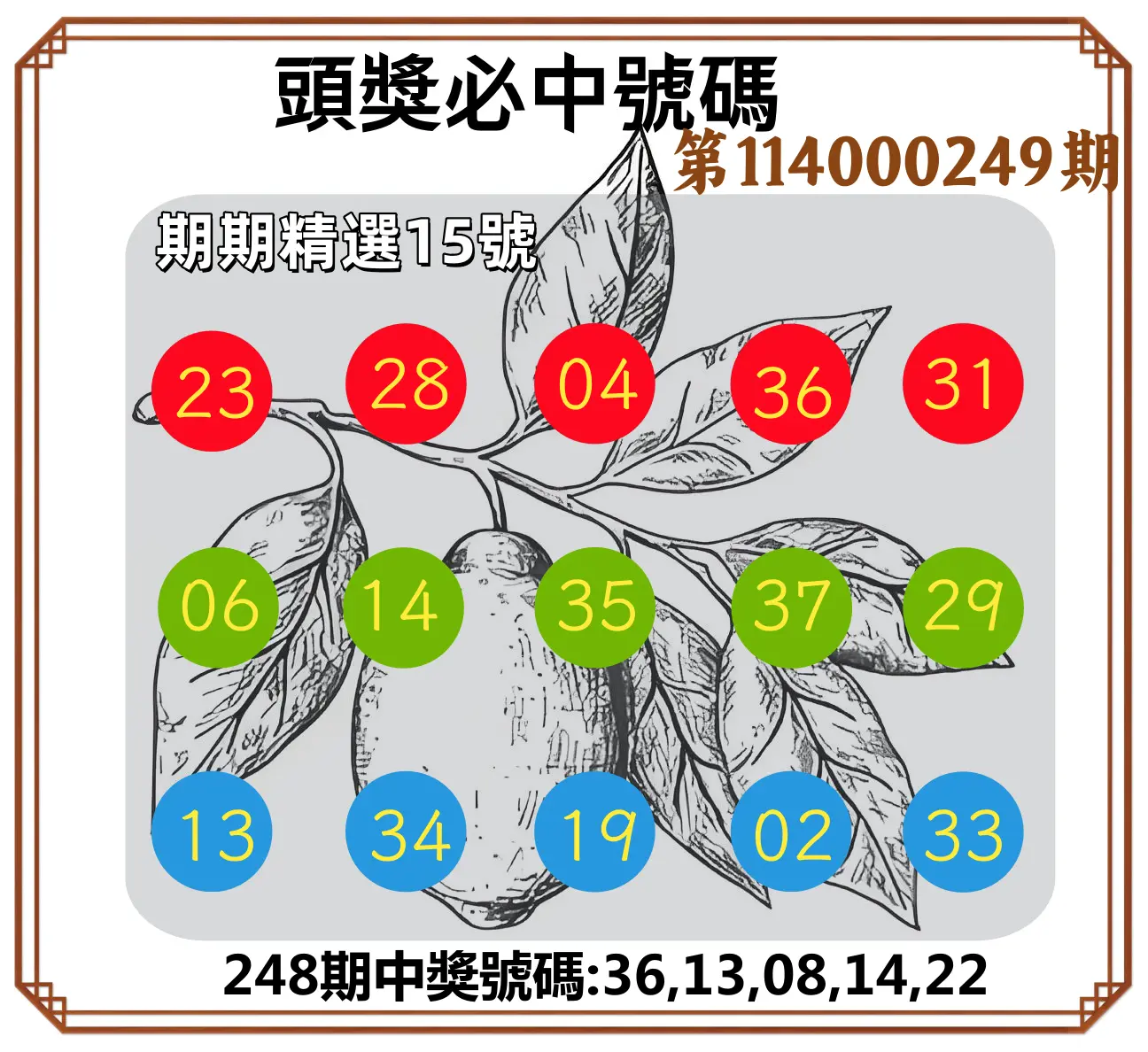 今彩539第114000249期(10/14)頭獎號碼