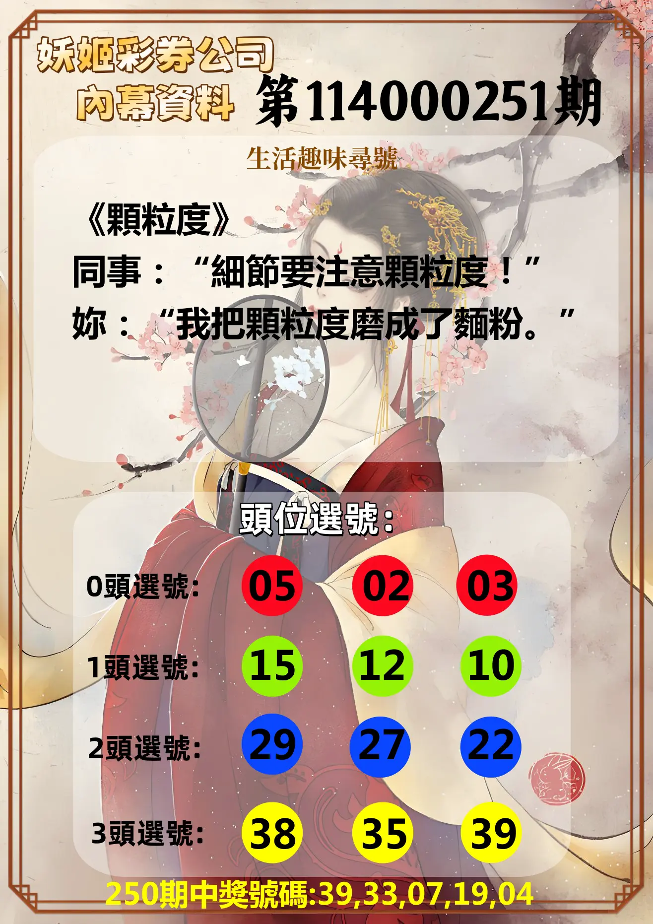 今彩539第114000251期(10/16)妖姬彩券公司內幕資料